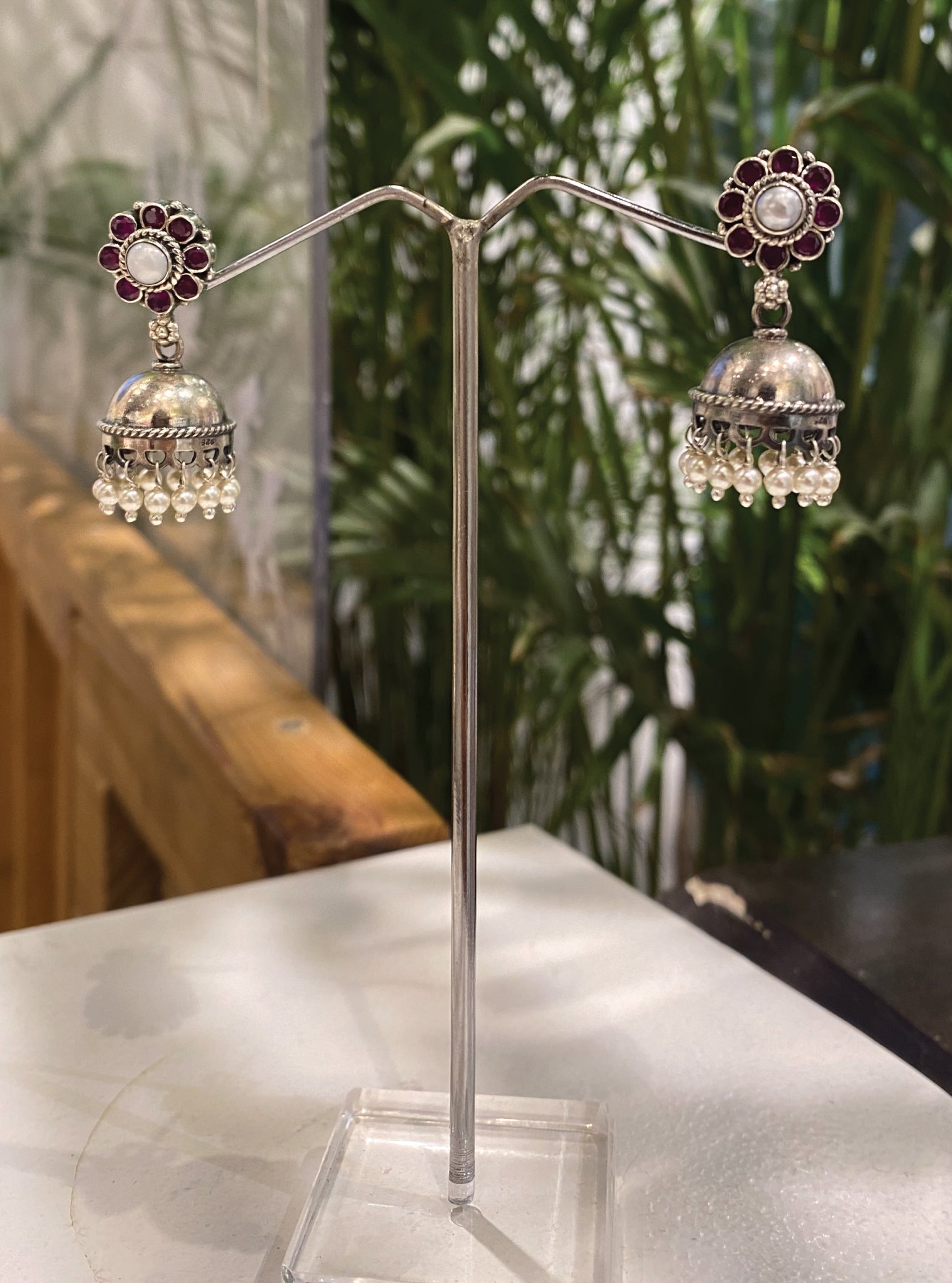 Pure Silver Floral Stone Antique Jhumki Earrings