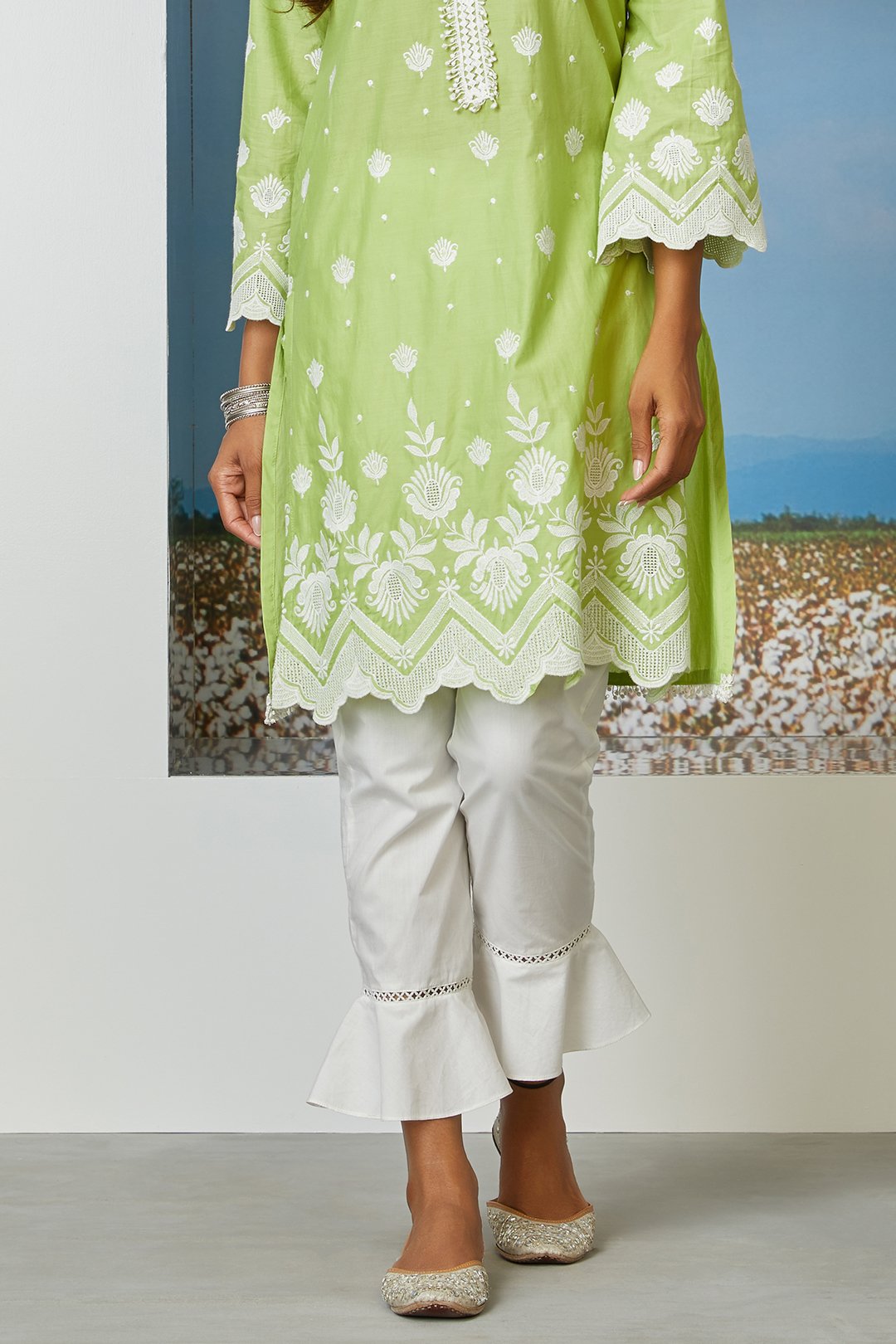 Mulmul Supima Cotton Umbrella Frill White Pyajama