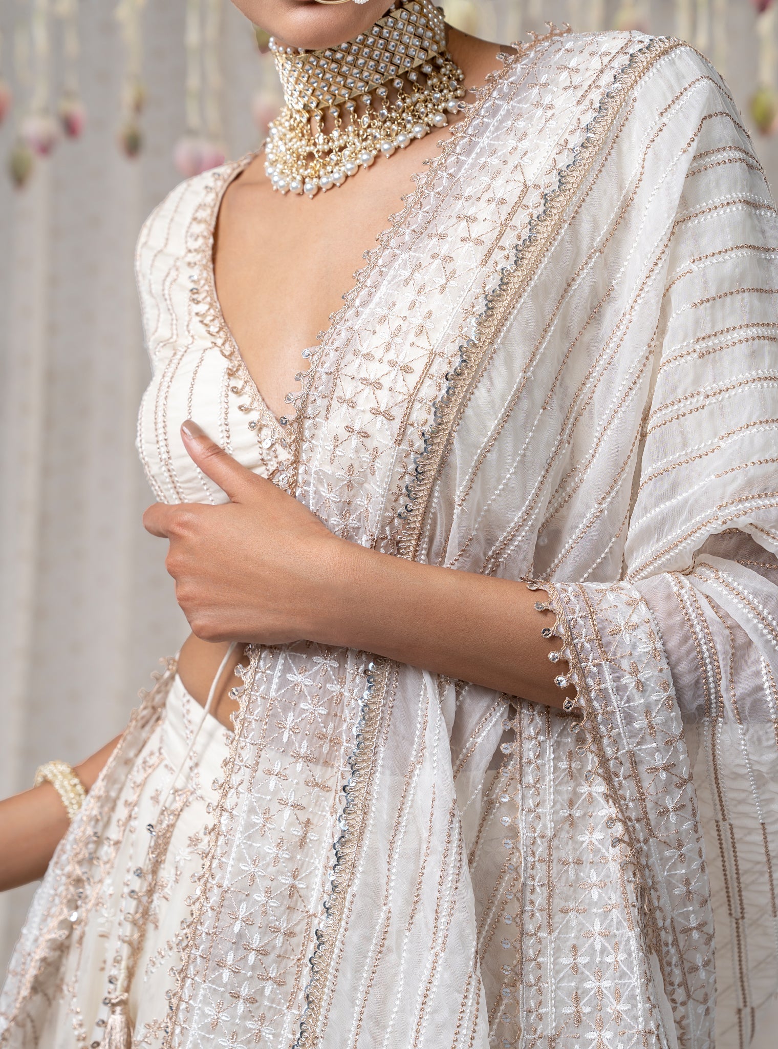 Gulmohar Organza Off White Lehenga