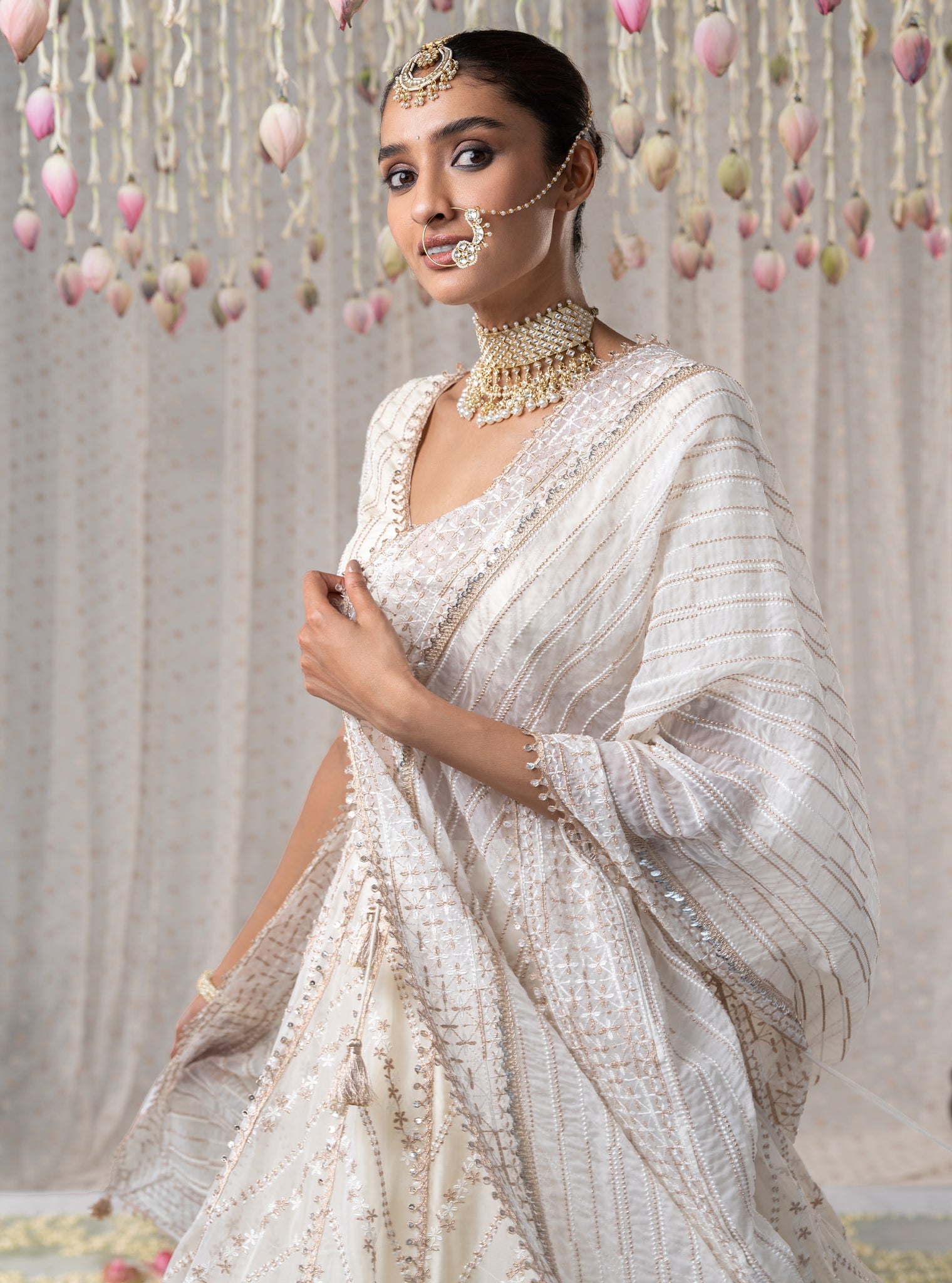 Gulmohar Organza Off White Lehenga