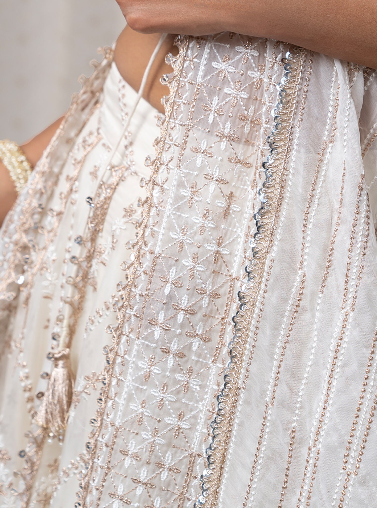 Gulmohar Organza Off White Lehenga