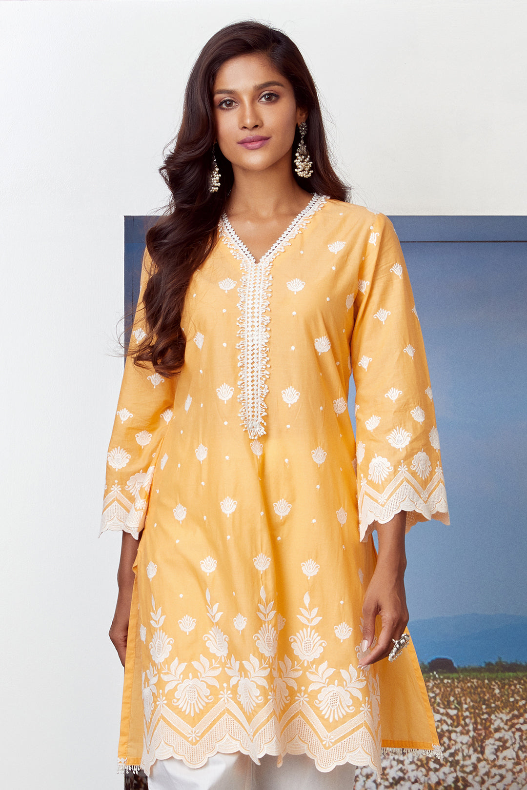 Mulmul Supima Cotton Garden Cress Orange Kurta