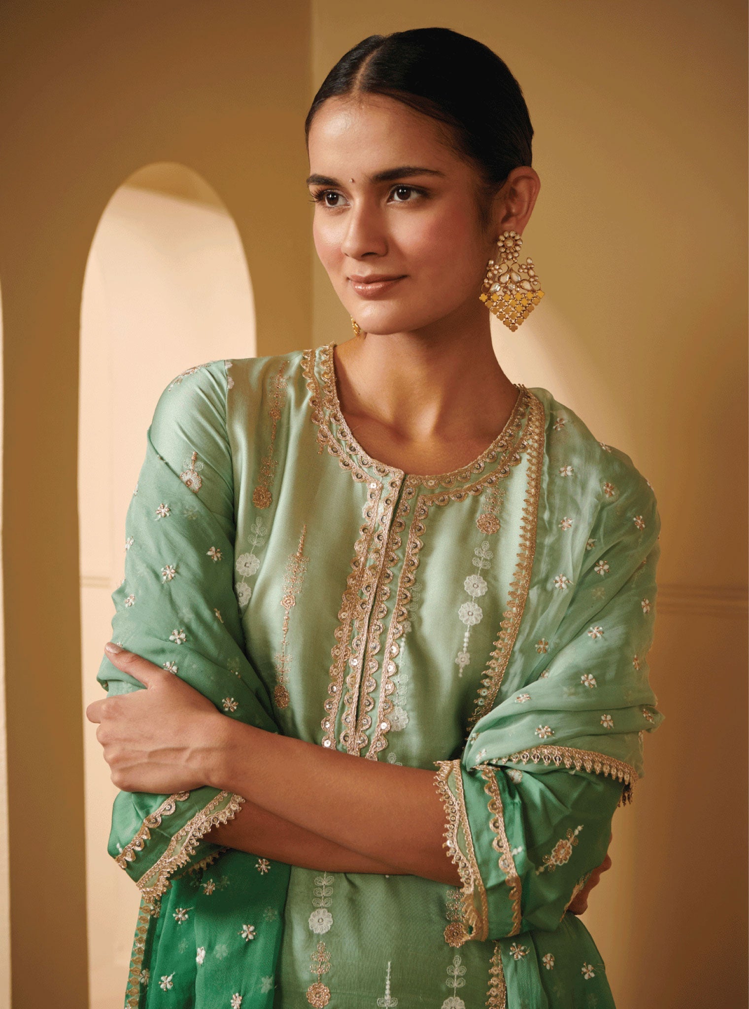 Pure Silver Gold Pattern Polki Earrings