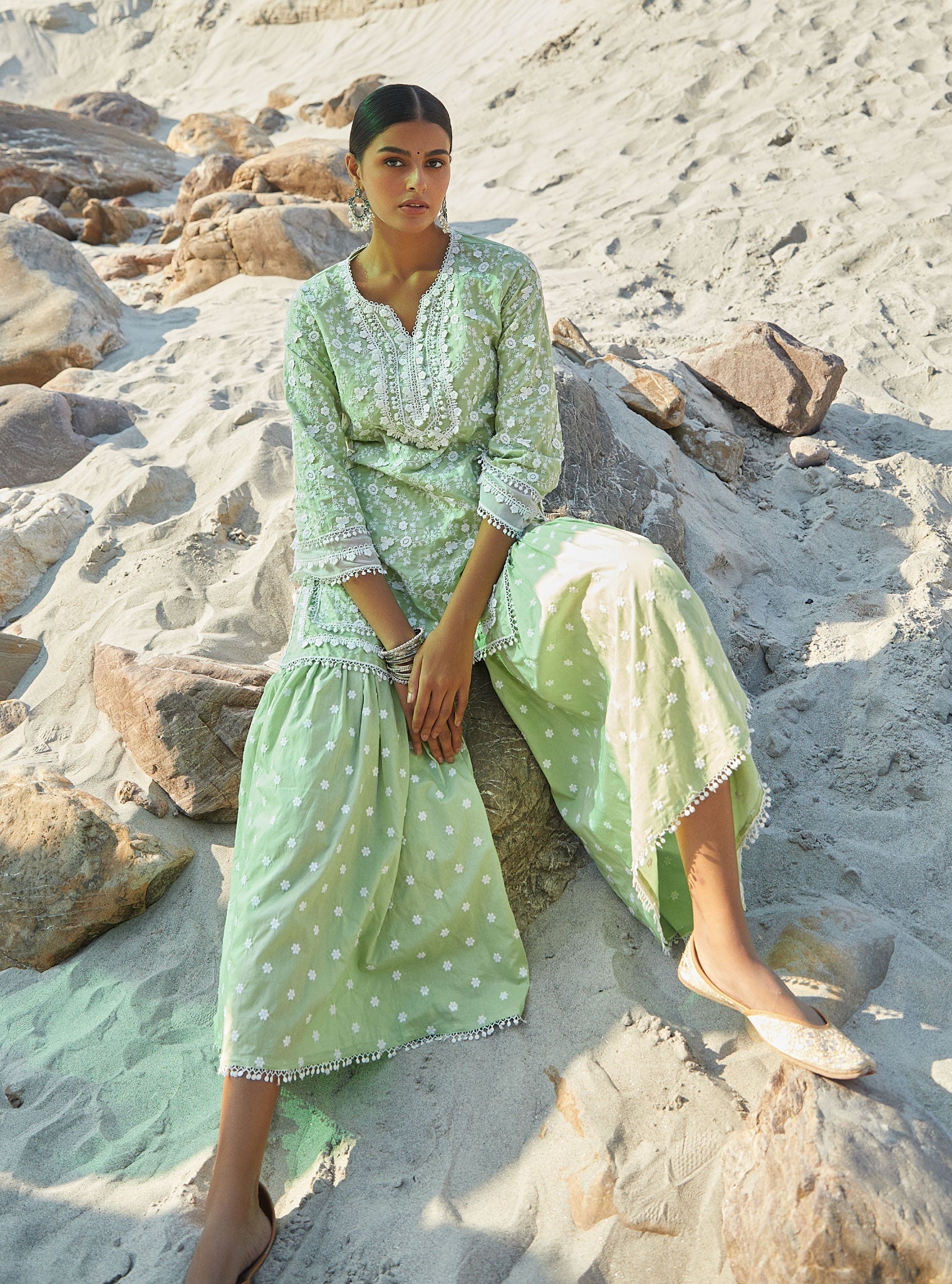 Kanji Supima Cotton Green Kurta with Garara Set