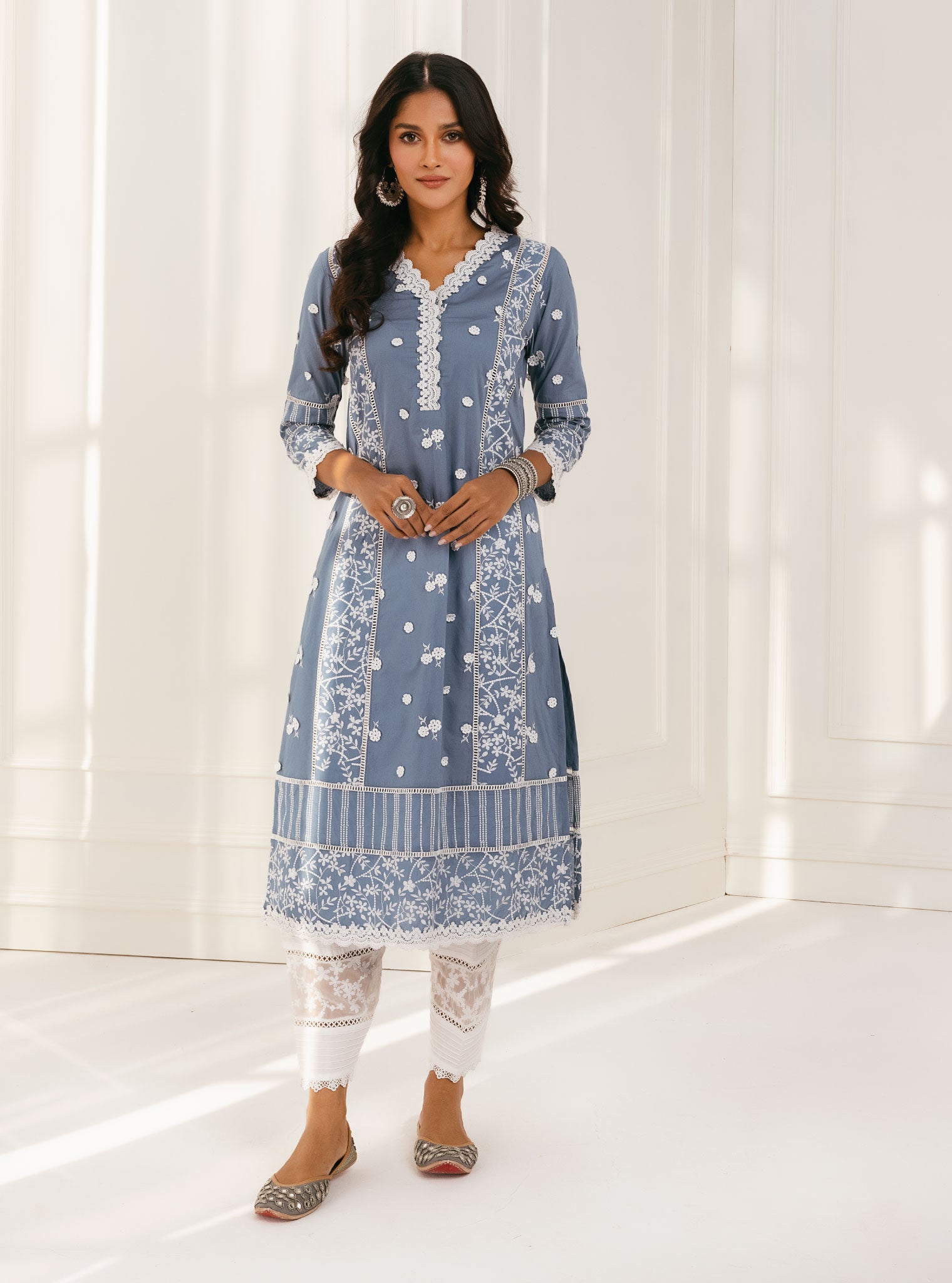 Mulmul Supima Cotton Kaza Blue Kurta