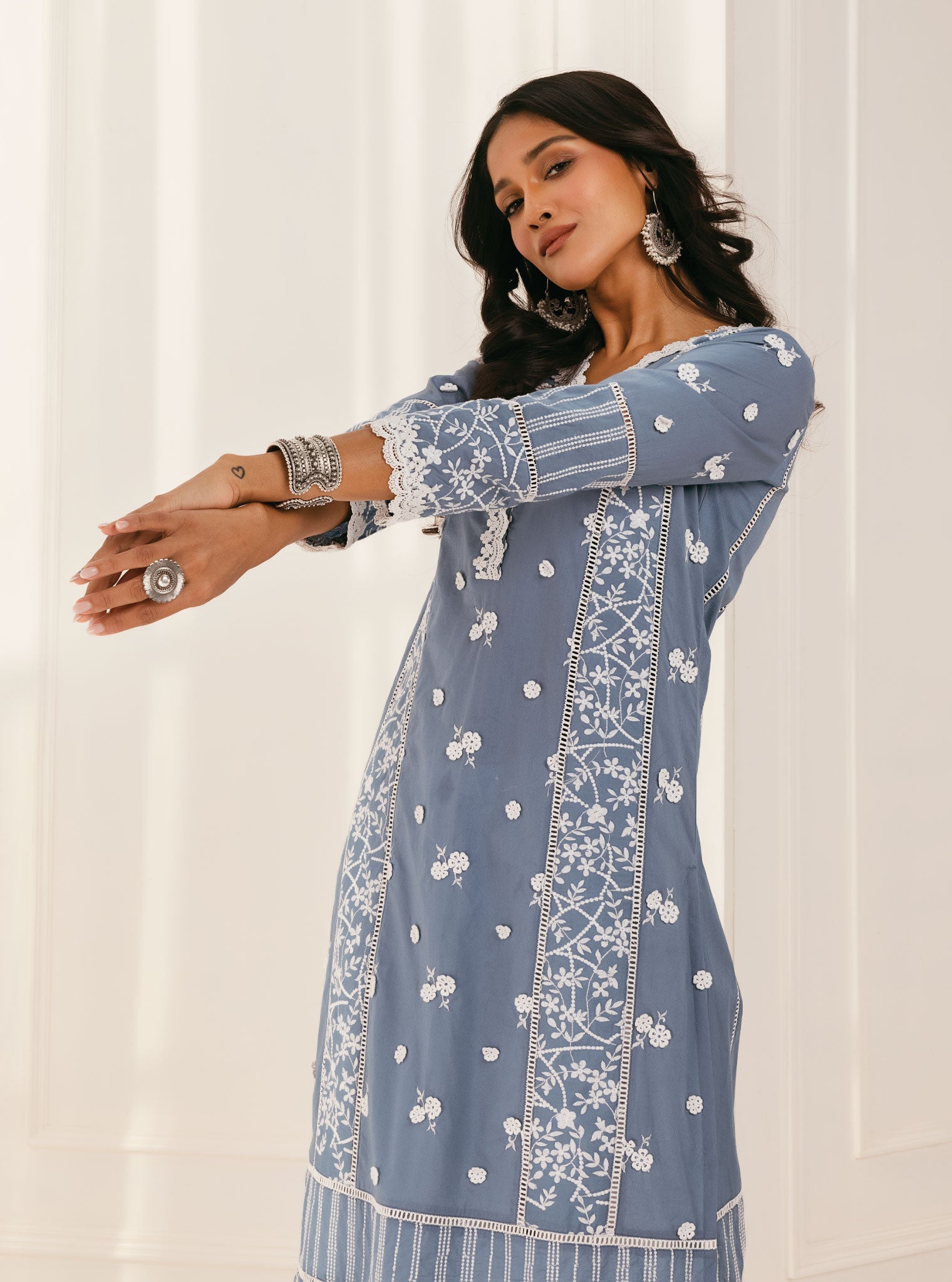 Mulmul Supima Cotton Kaza Blue Kurta