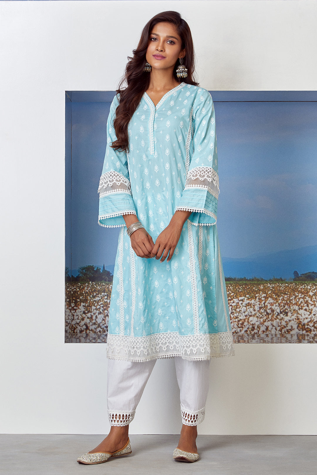Mulmul Supima Cotton Lake Shore Turq Kurta