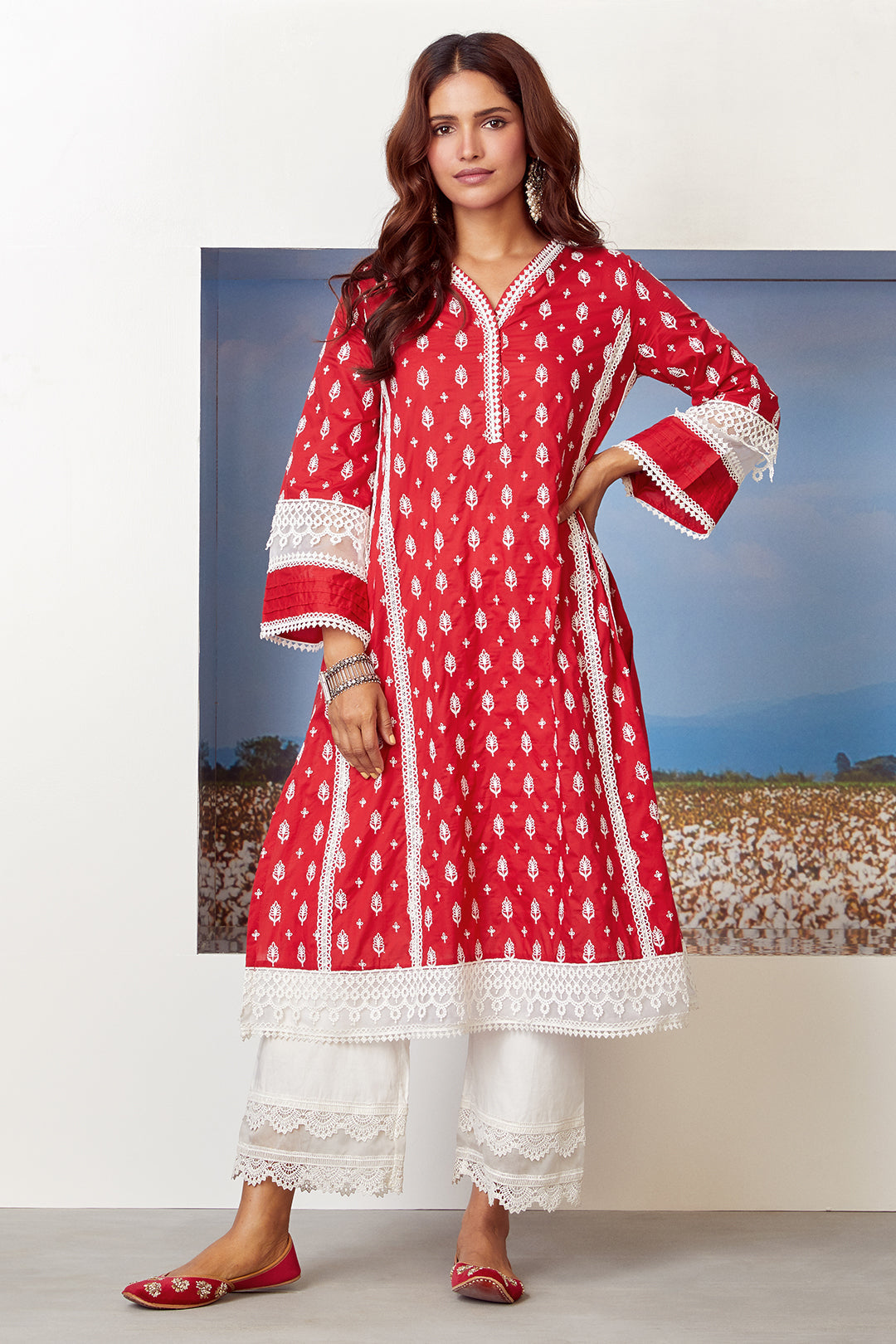 Mulmul Supima Cotton Two Lace White Palazzo