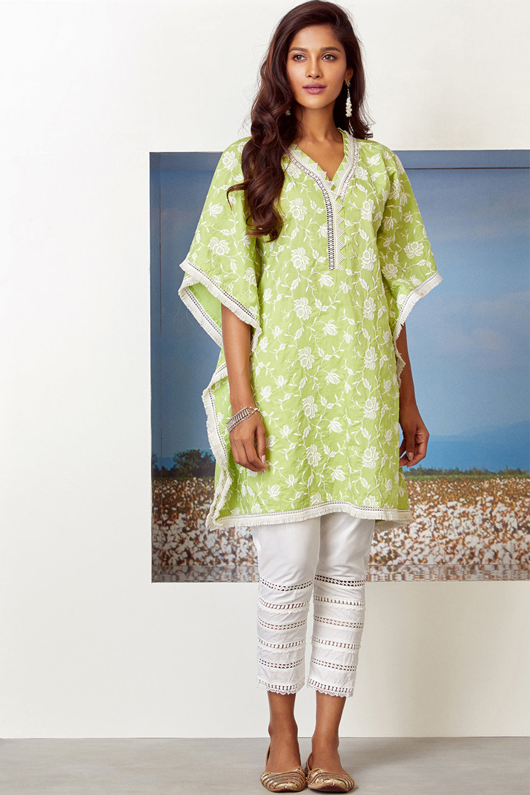 Mulmul Supima Cotton Lotus Pond Lime Green Kurta