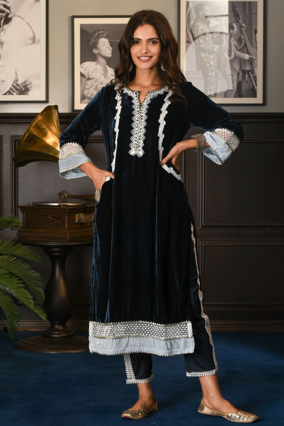 Makhmal Birch Kurta with Olive Navy Pyajama