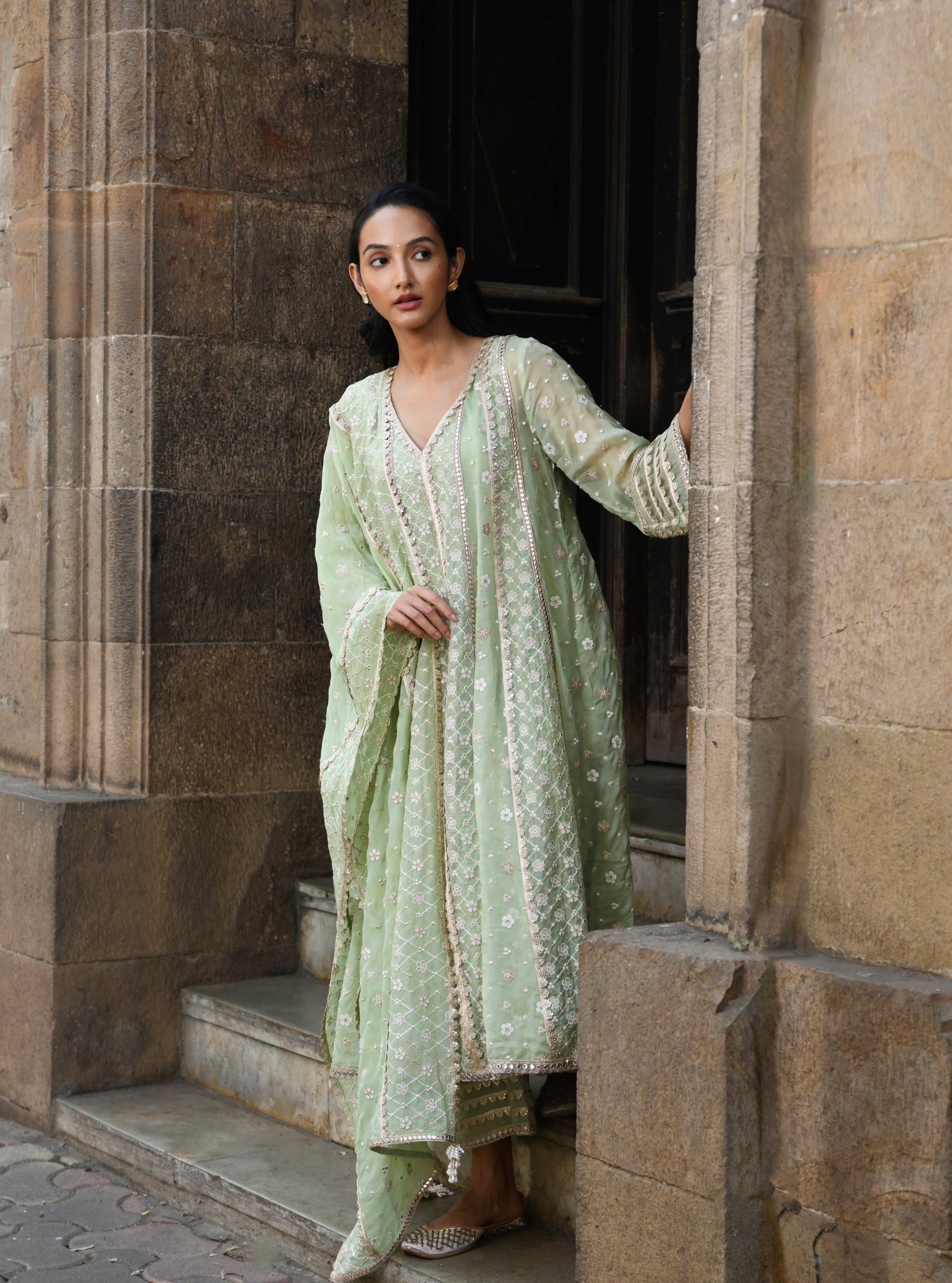 Palmer Organza Green Anarkali Kurta Set