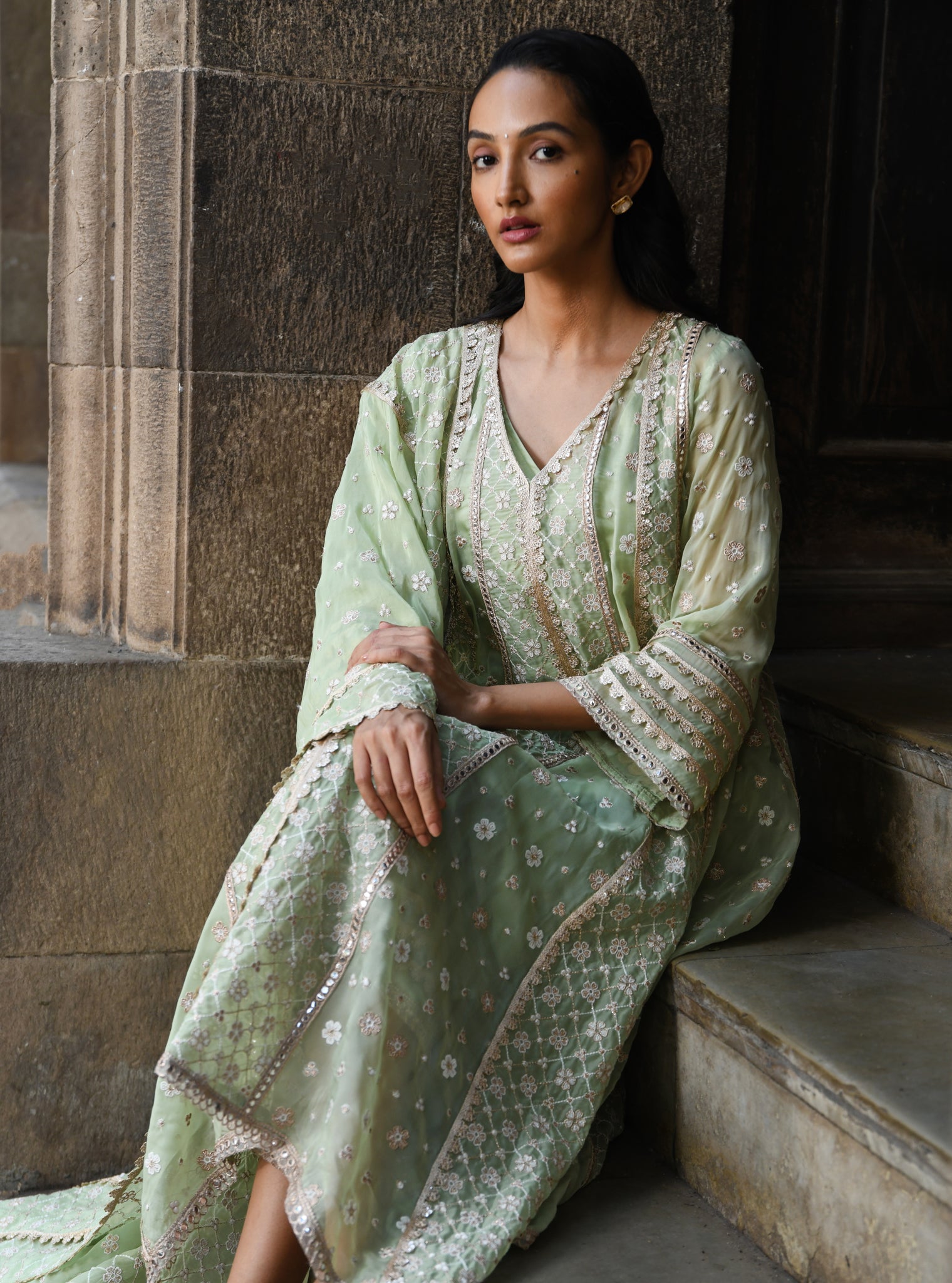 Palmer Organza Green Anarkali Kurta Set