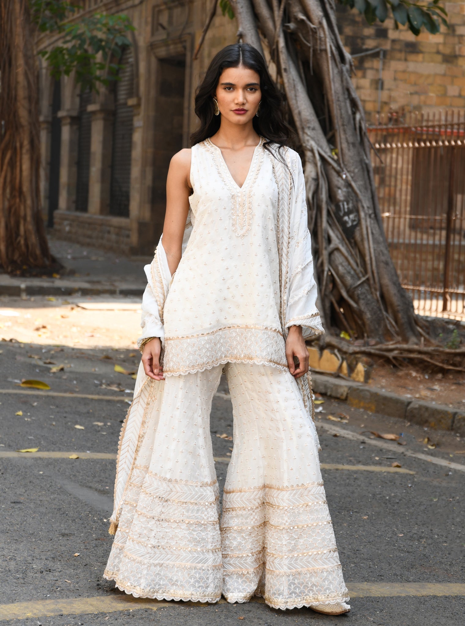 Sangli Organza Off White Kurta with Sharara Set