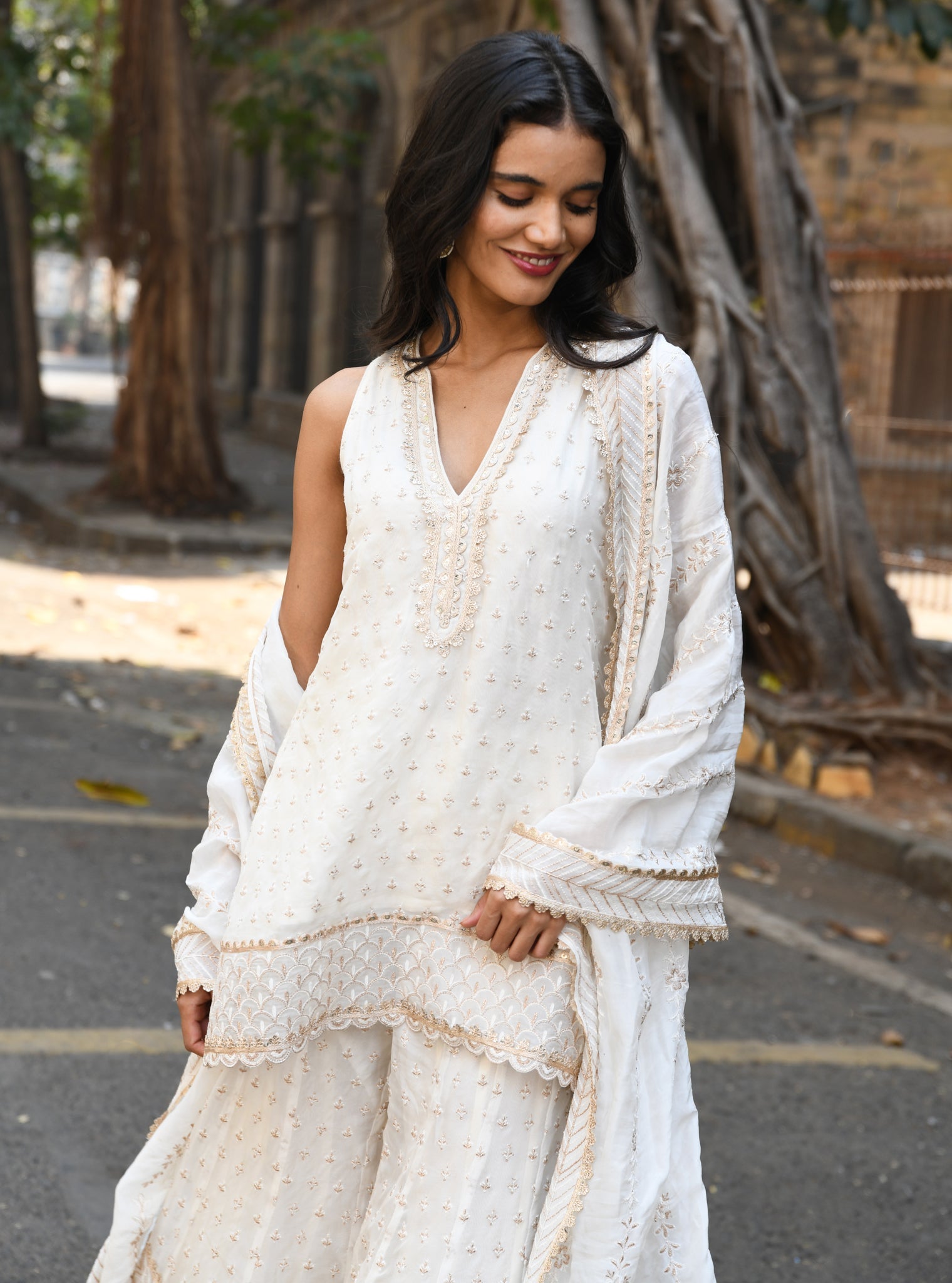 Sangli Organza Off White Kurta with Sharara Set