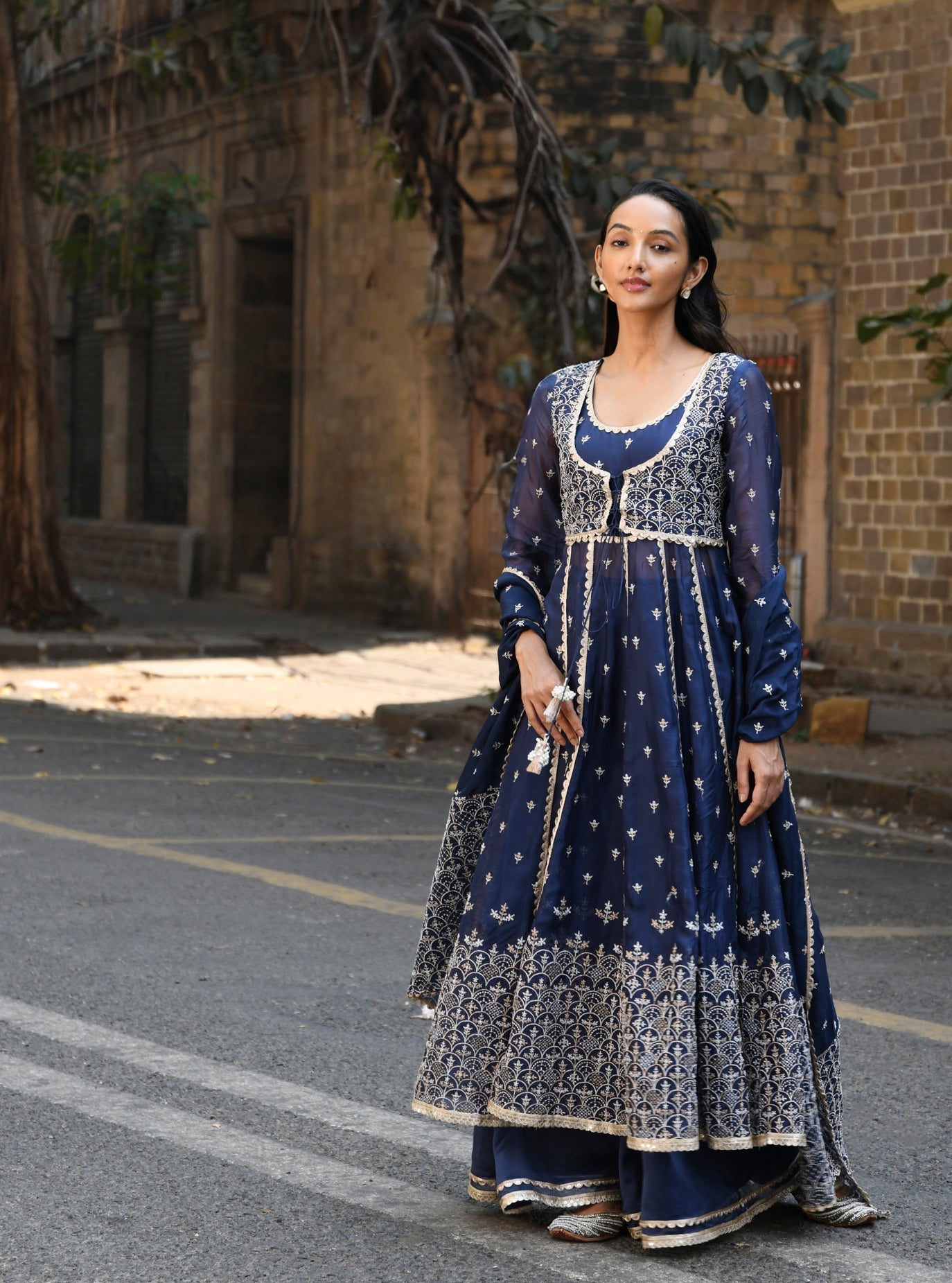 Sheri Organza Anarkali Navy Kurta with Sharara Set