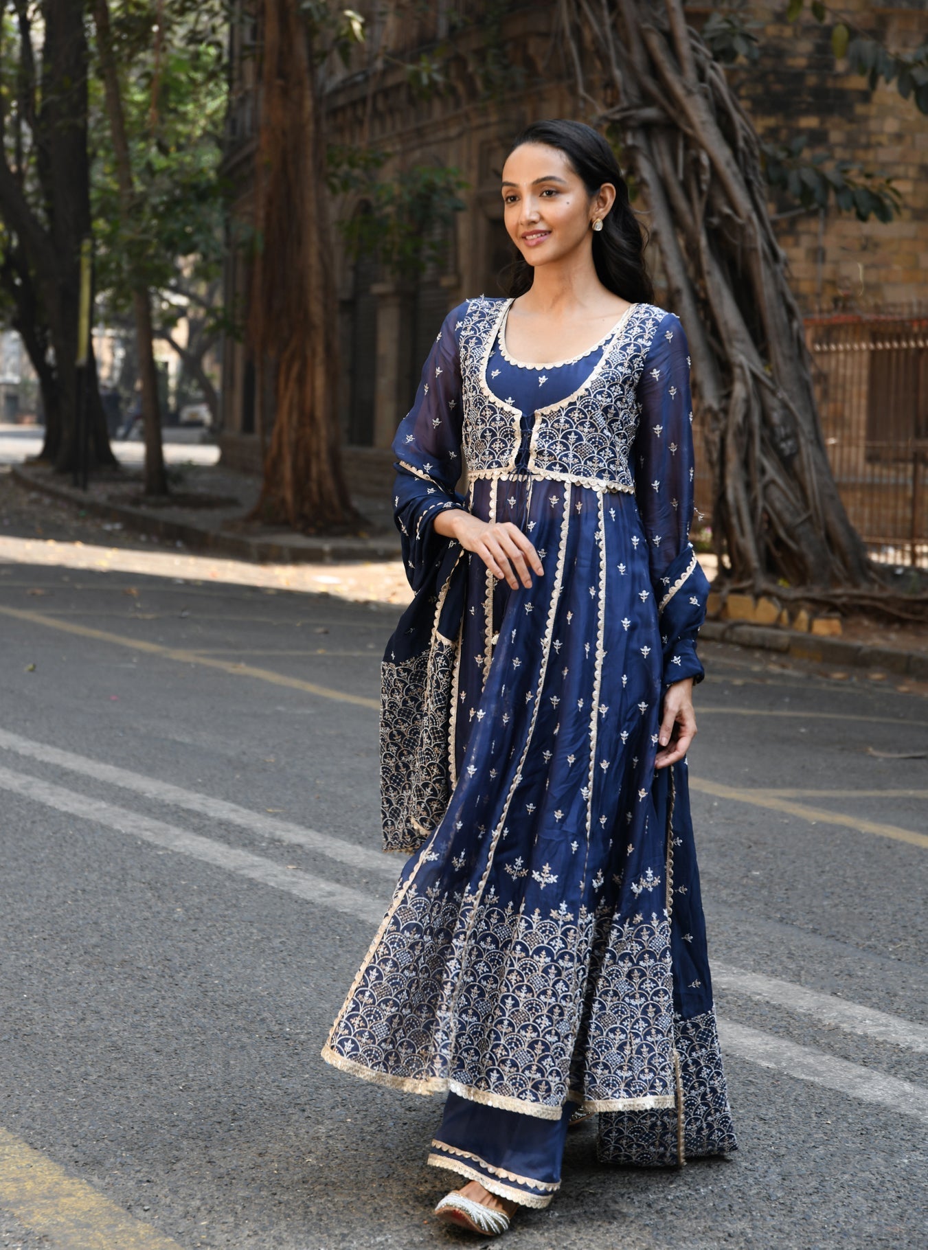 Sheri Organza Anarkali Navy Kurta with Sharara Set