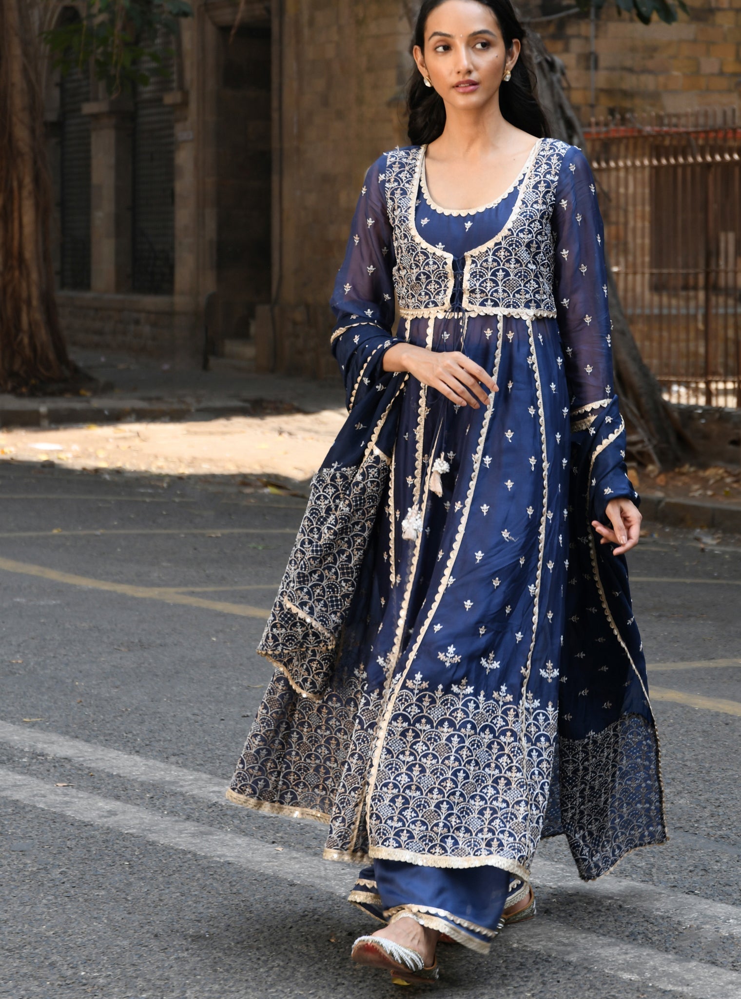 Sheri Organza Anarkali Navy Kurta with Sharara Set