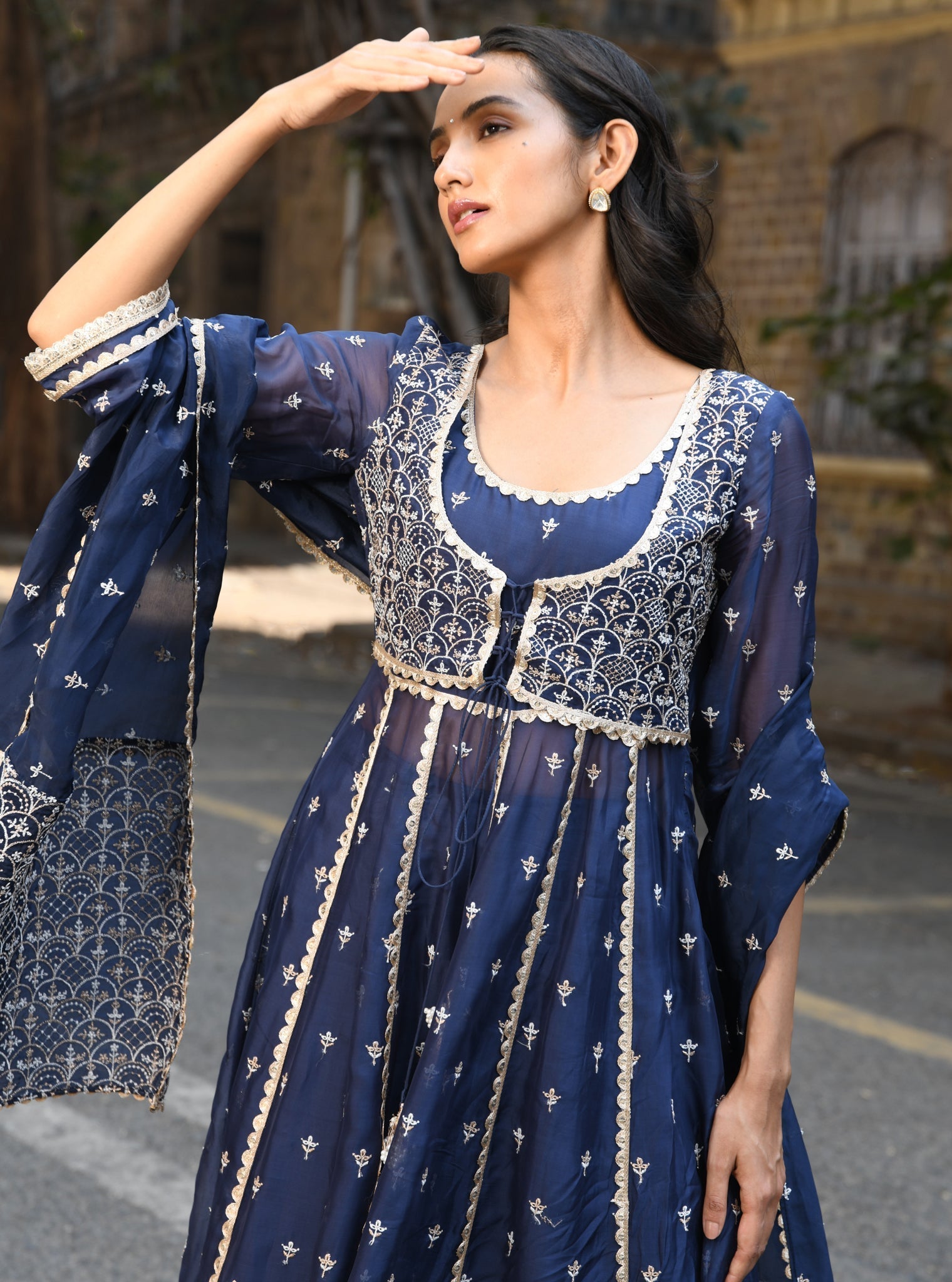 Sheri Organza Anarkali Navy Kurta with Sharara Set