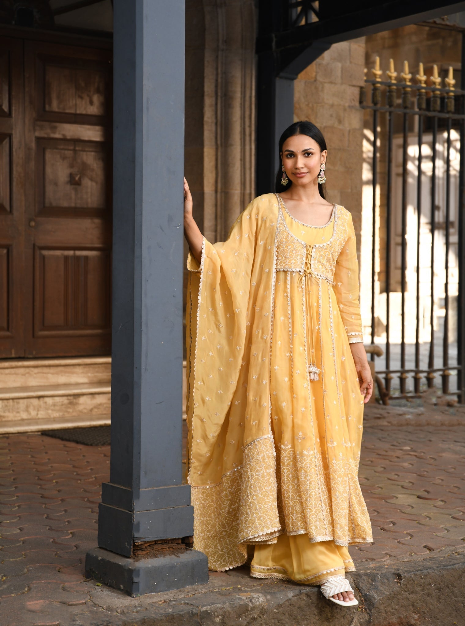 Sheri Organza Anarkali Yellow Kurta with Sharara Set
