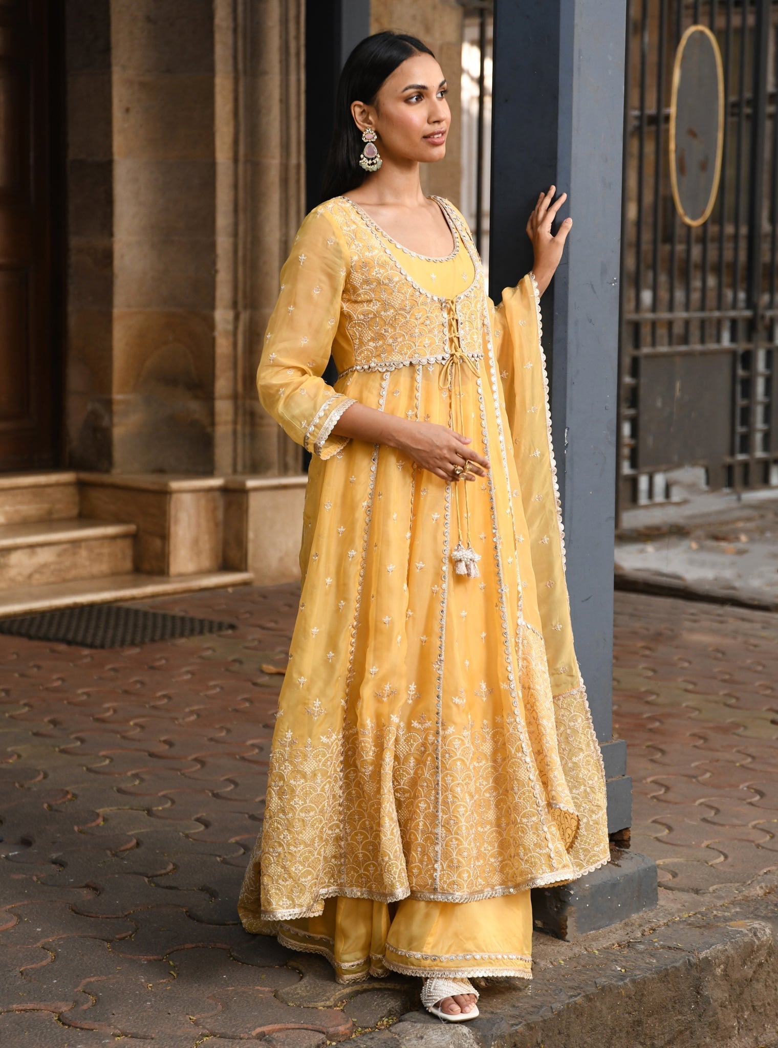Sheri Organza Anarkali Yellow Kurta with Sharara Set