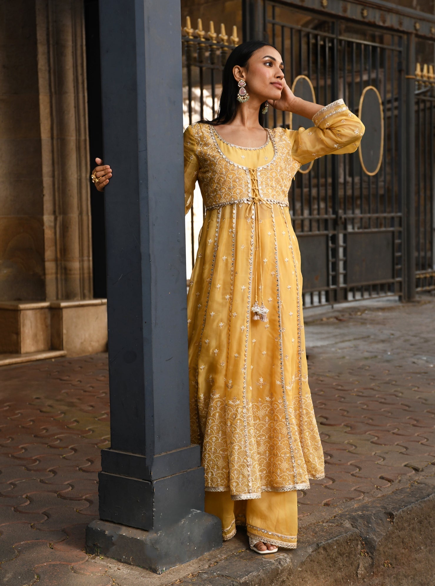 Sheri Organza Anarkali Yellow Kurta with Sharara Set