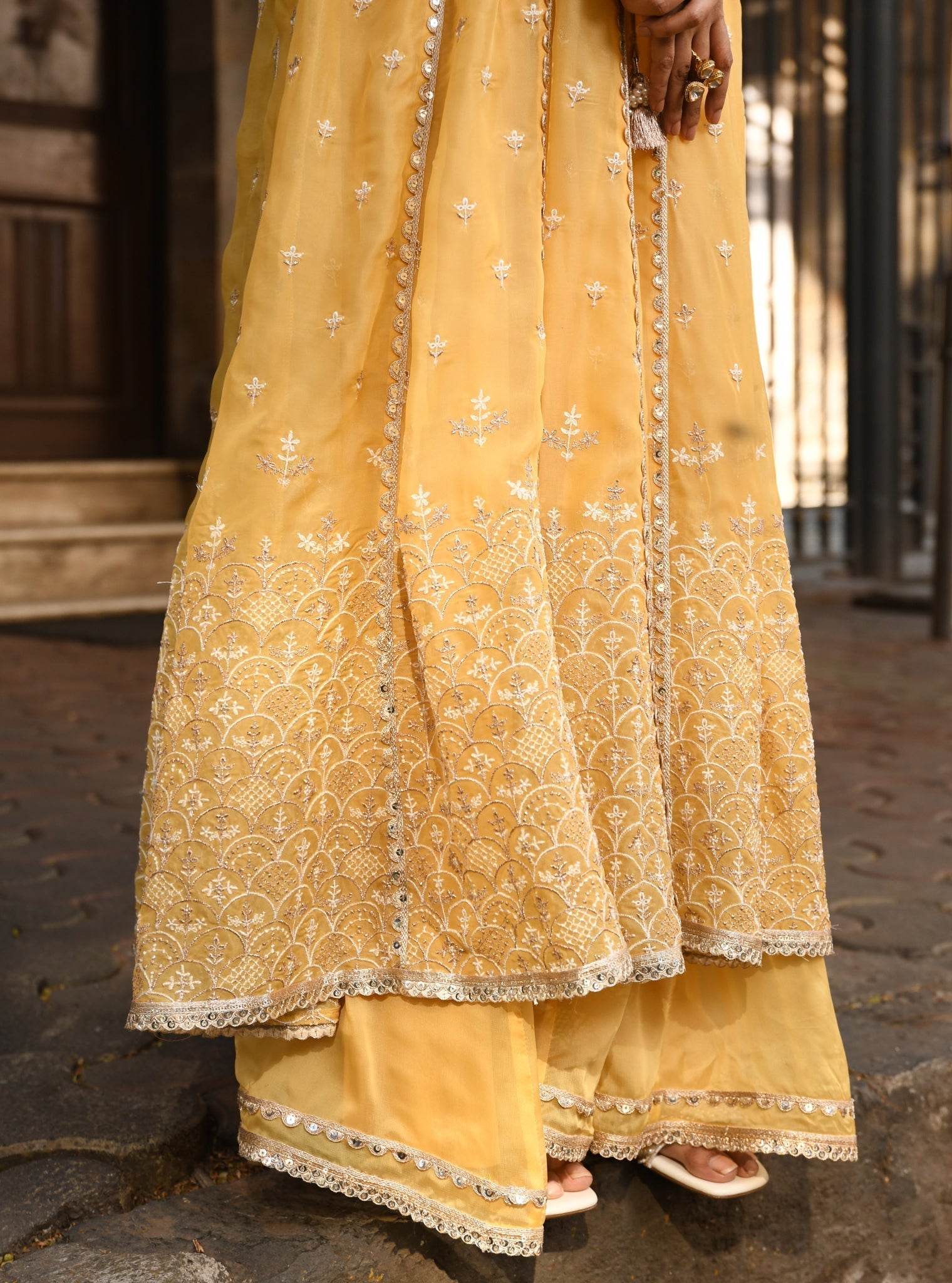 Sheri Organza Anarkali Yellow Kurta with Sharara Set