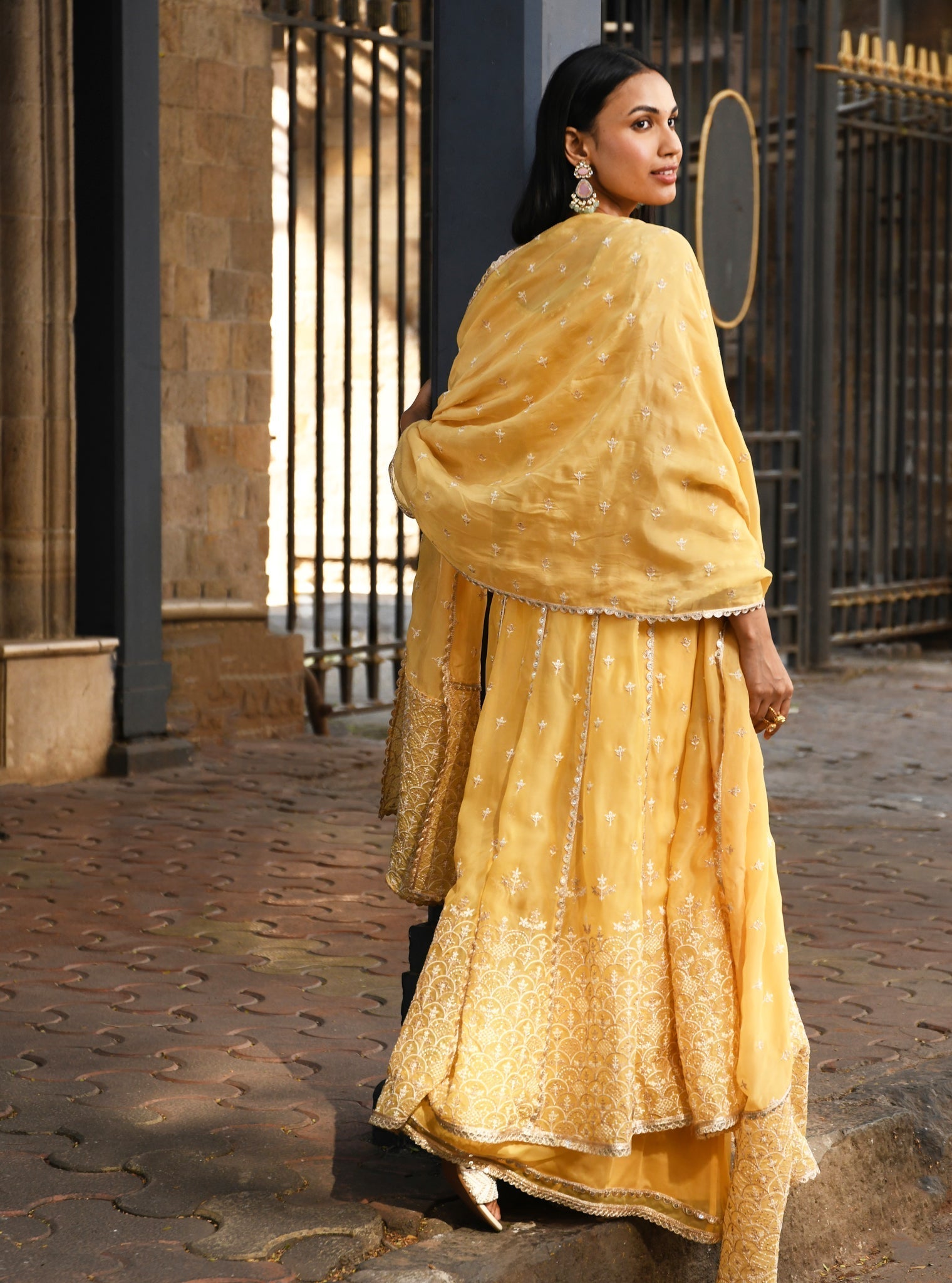 Sheri Organza Anarkali Yellow Kurta with Sharara Set
