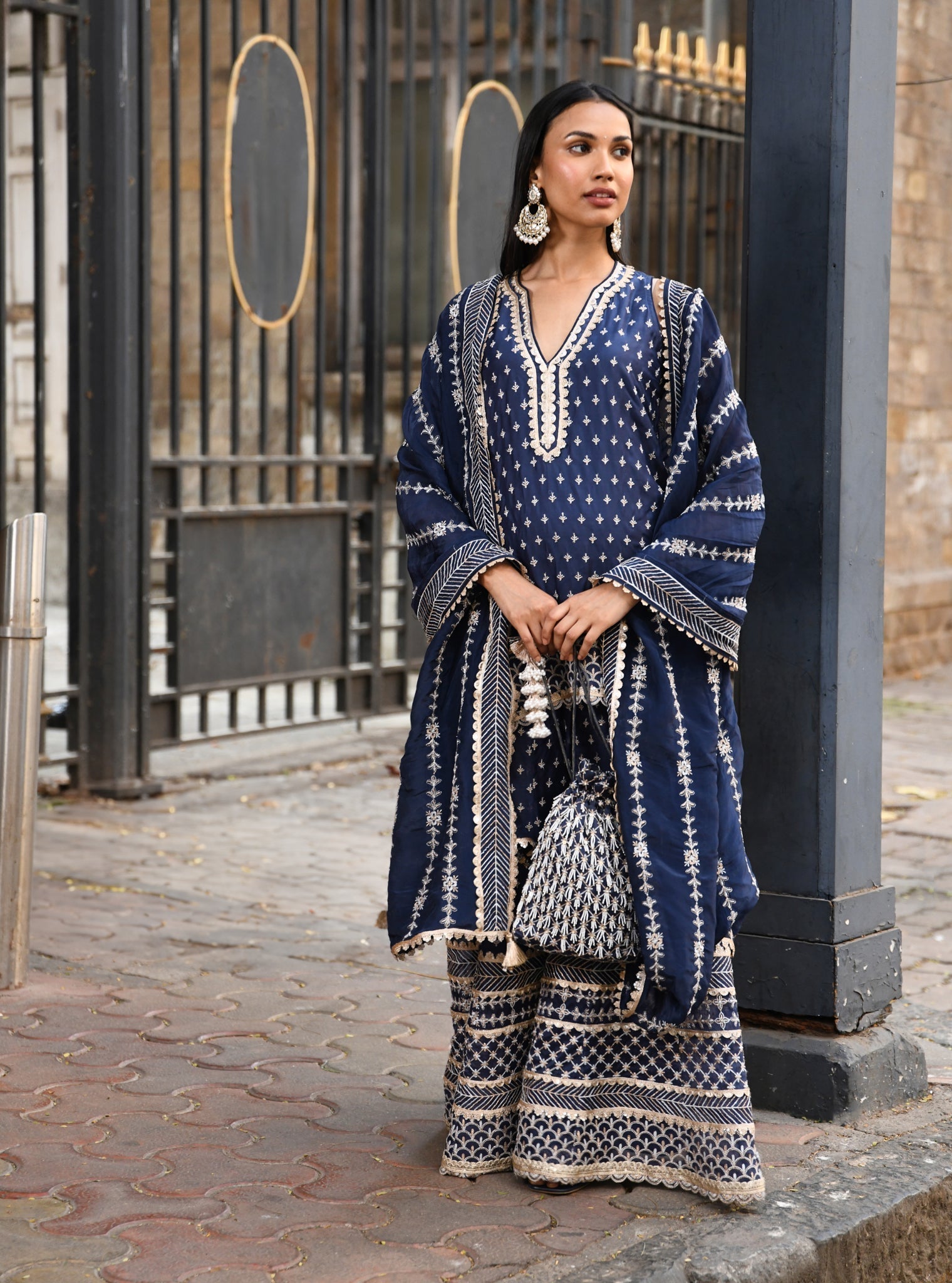 Sangli Organza Navy Kurta with Sharara Set