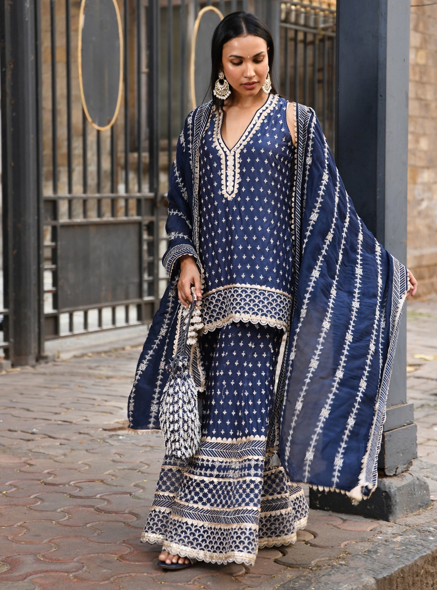 Sangli Organza Navy Kurta with Sharara Set