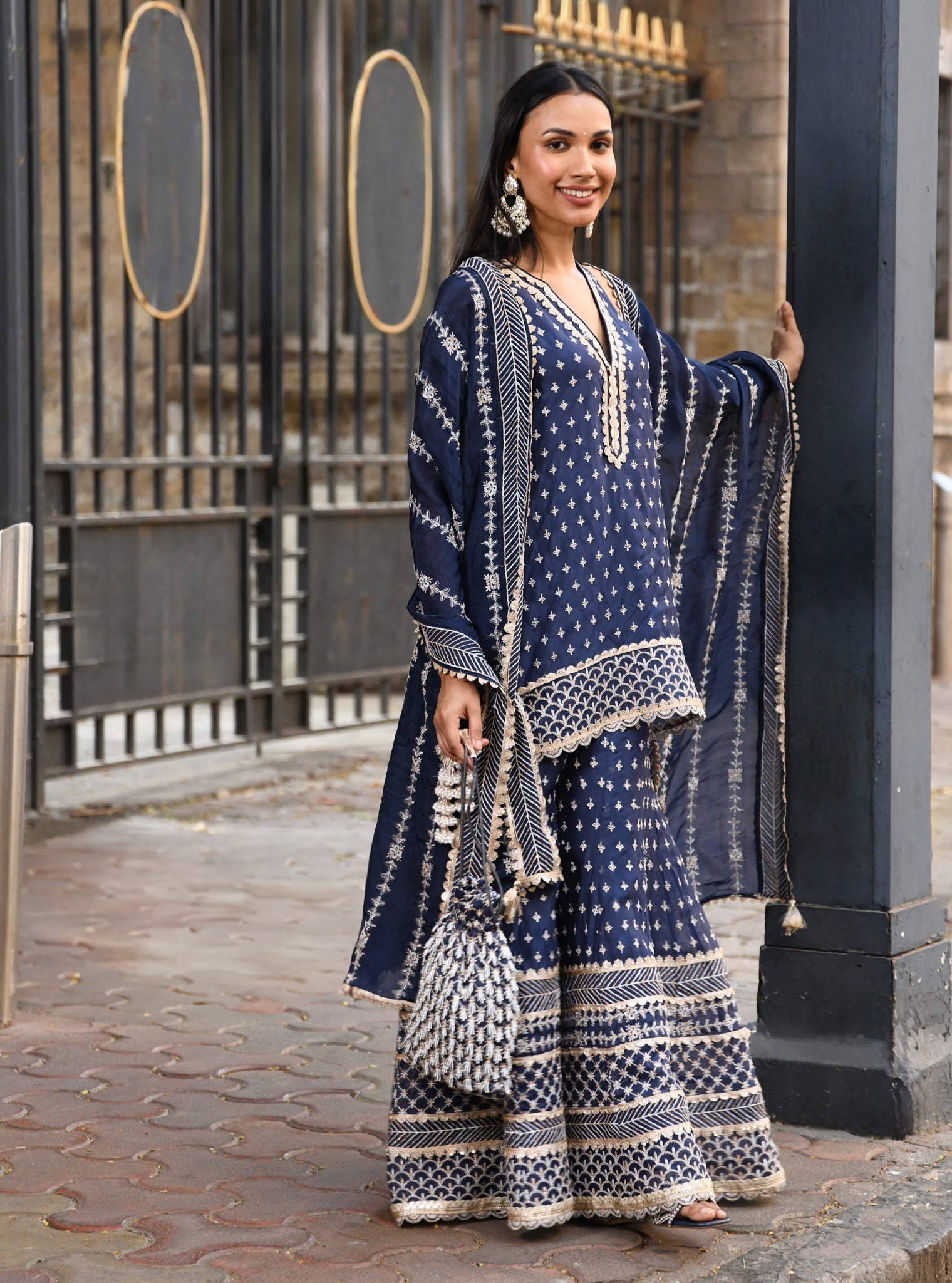 Sangli Organza Navy Kurta with Sharara Set