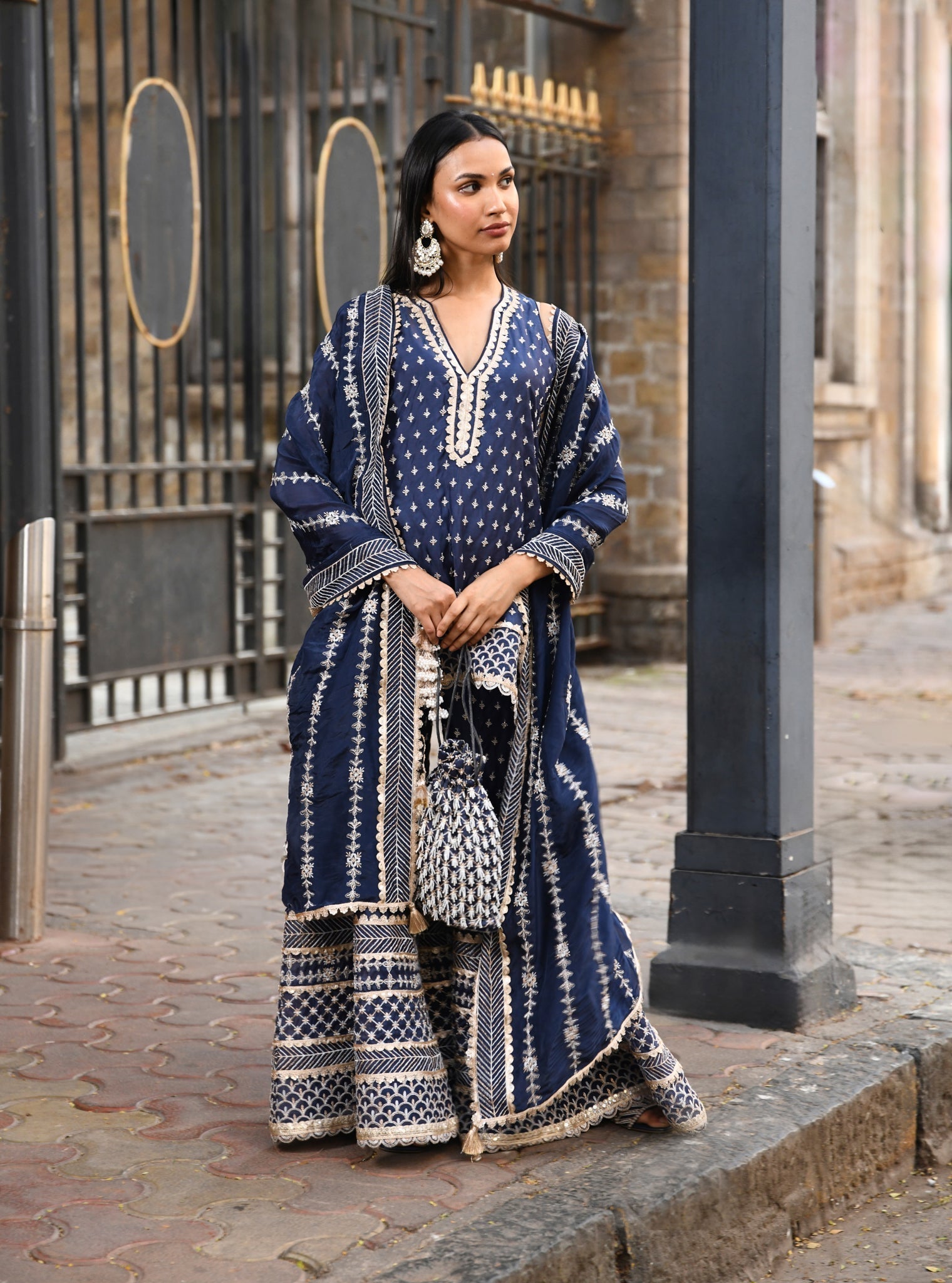Sangli Organza Navy Kurta with Sharara Set