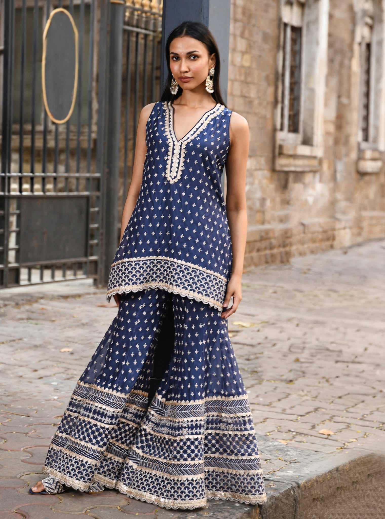Sangli Organza Navy Kurta with Sharara Set
