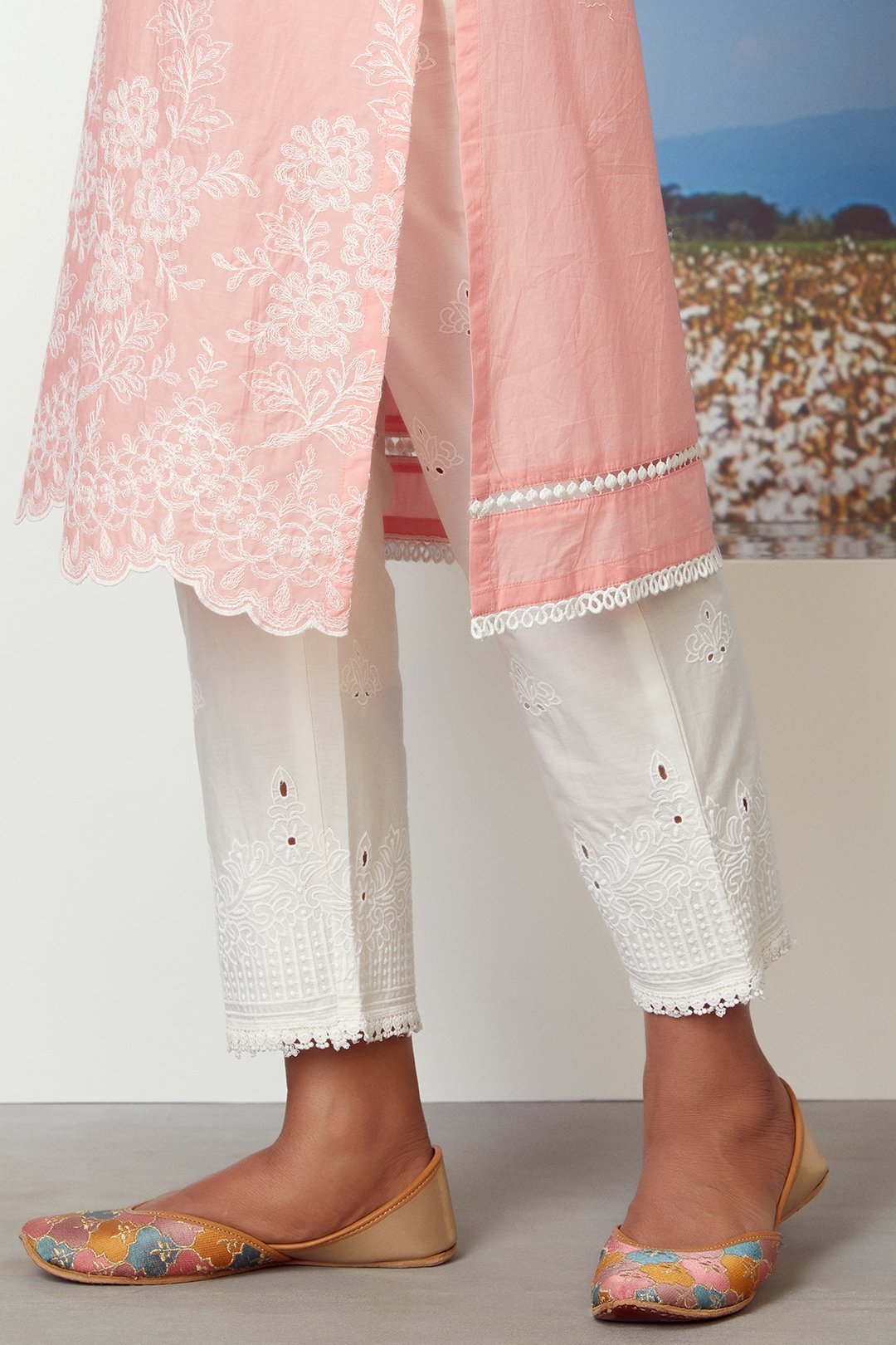 Mulmul Supima Cotton Embroidered Eyelet Pyajama White