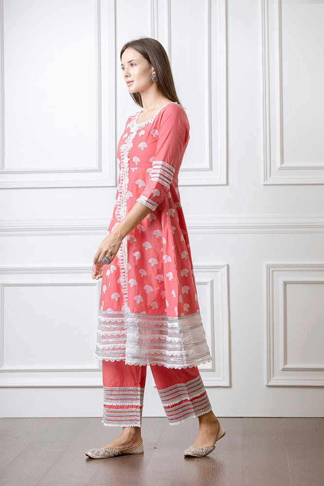 Lotus Red Anarkali Kurta with Palazzo Set