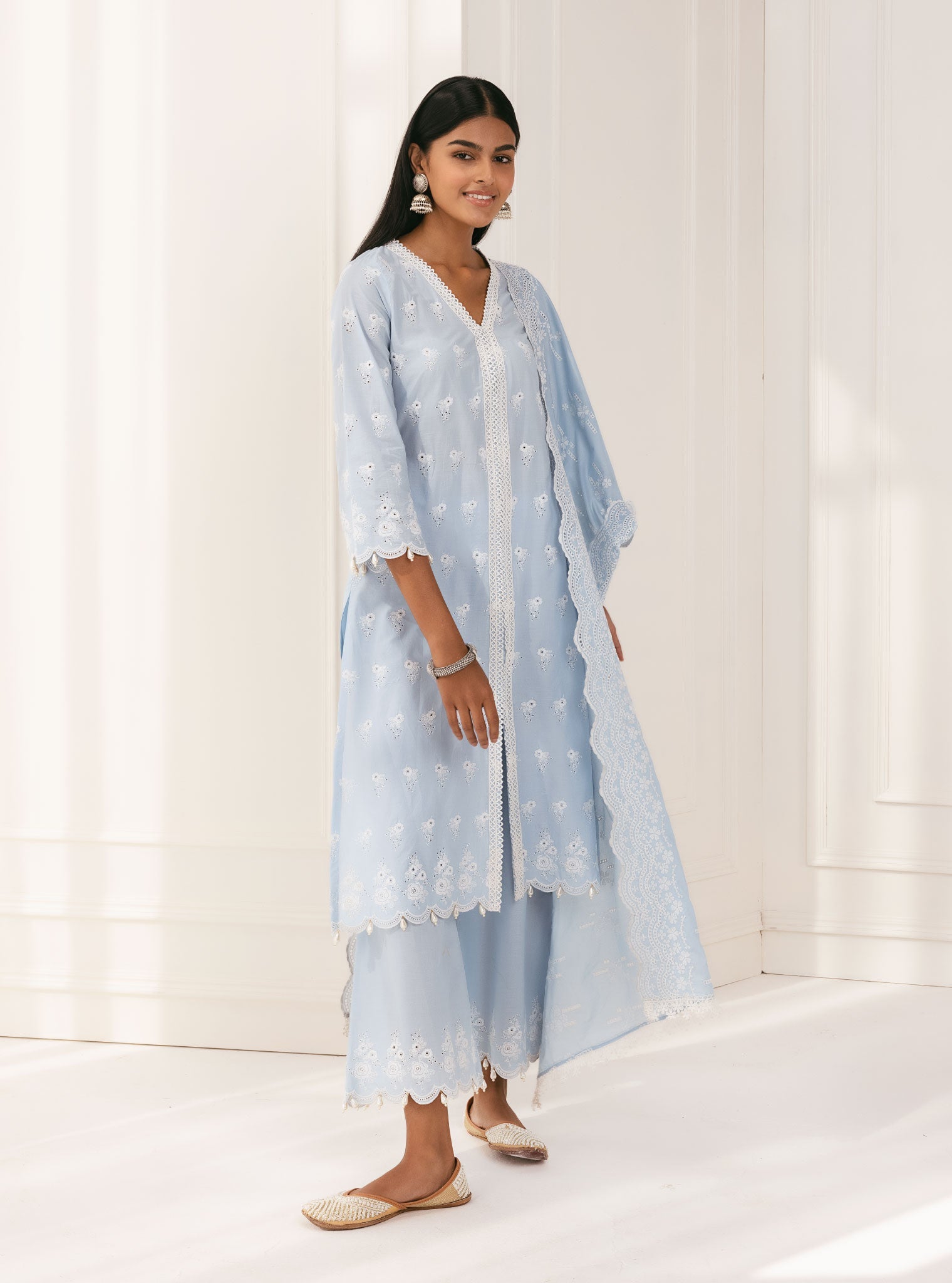 Mulmul Supima Cotton Nitoi Blue Kurta