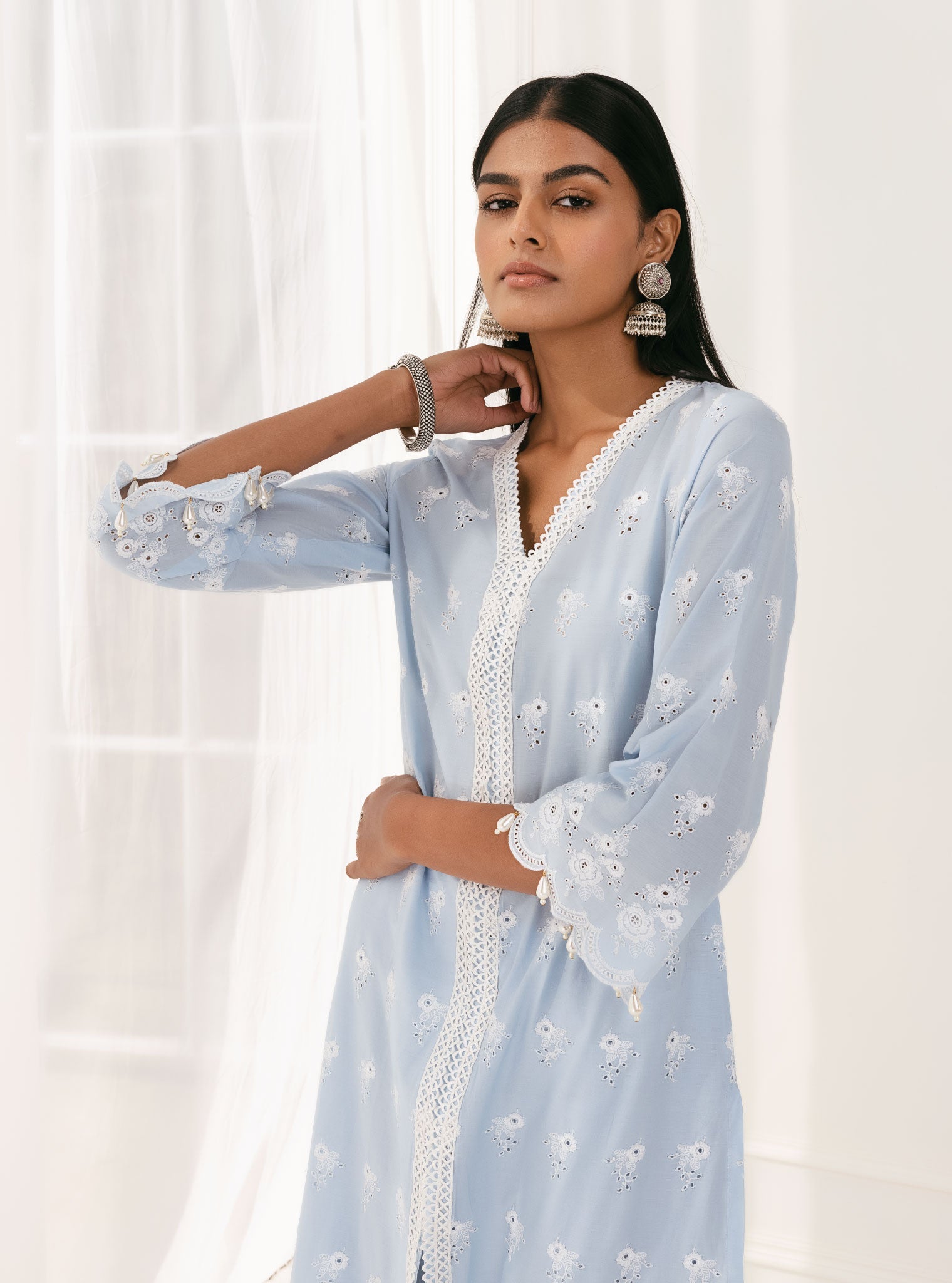 Mulmul Supima Cotton Nitoi Blue Kurta