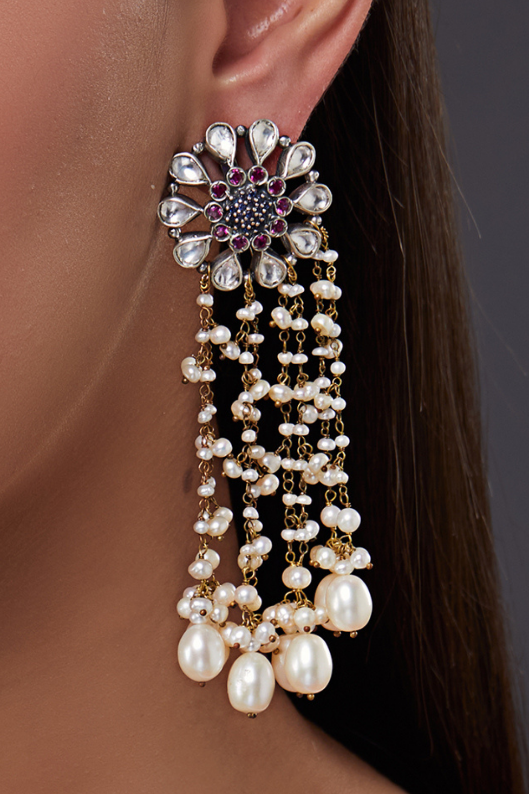 Pure Silver Polki Pearl Charm Danglers