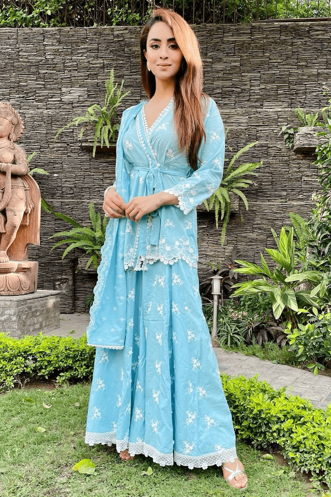 Pearl Star Supima Cotton Turquoise Kurta with Sharara Set