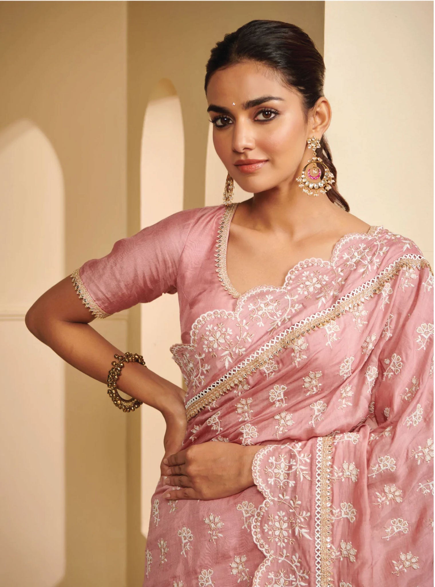 Pure Silver Polki Fuschia Chandbali