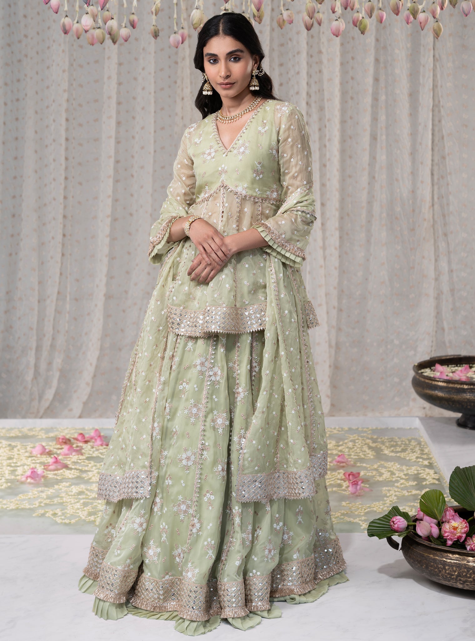 Rajnigandha Organza Short Anarkali Green Kurta with Lehenga Set
