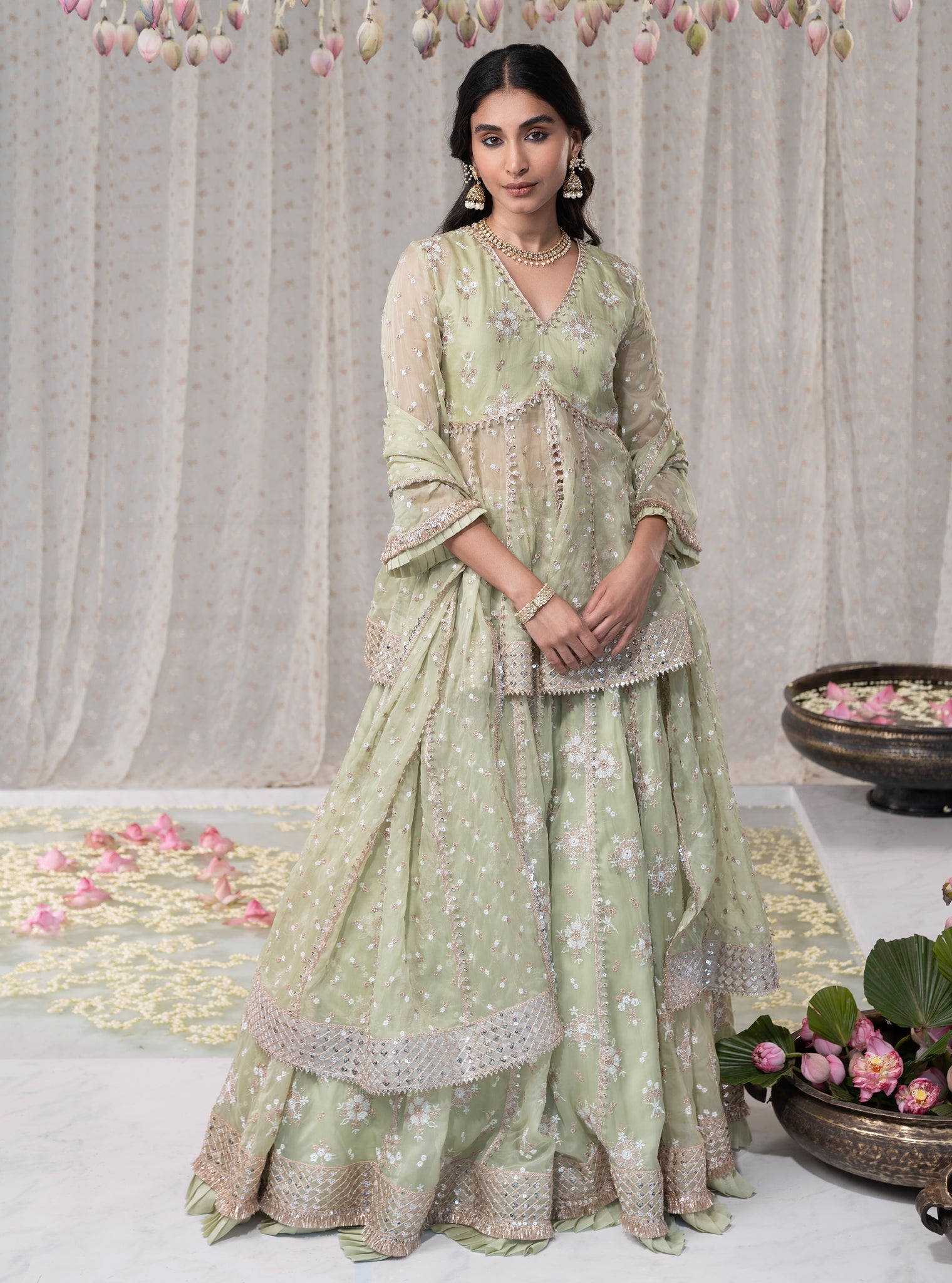 Rajnigandha Organza Short Anarkali Green Kurta with Lehenga Set