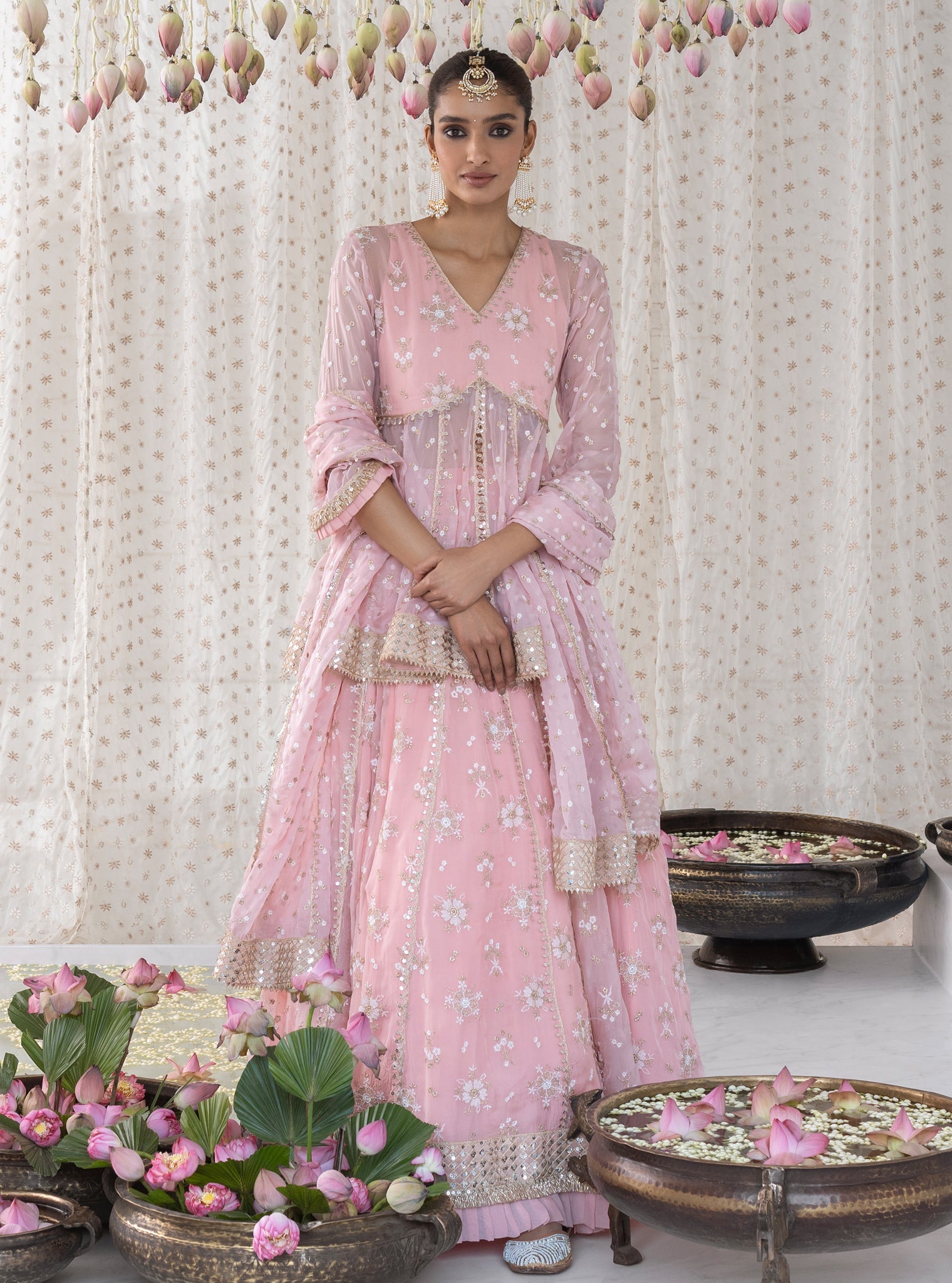 Rajnigandha Organza Short Anarkali Pink Kurta with Lehenga Set