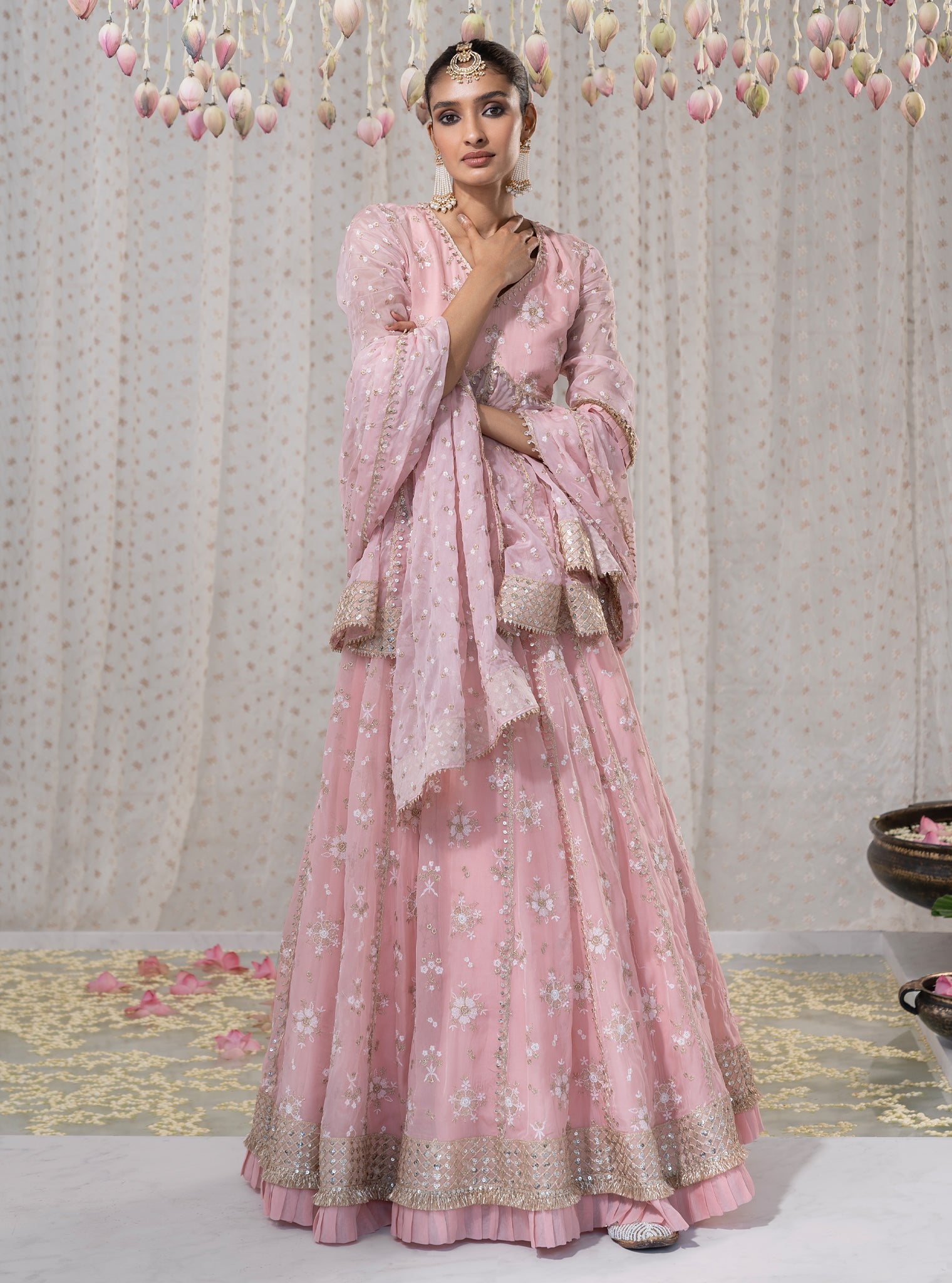 Rajnigandha Organza Short Anarkali Pink Kurta with Lehenga Set