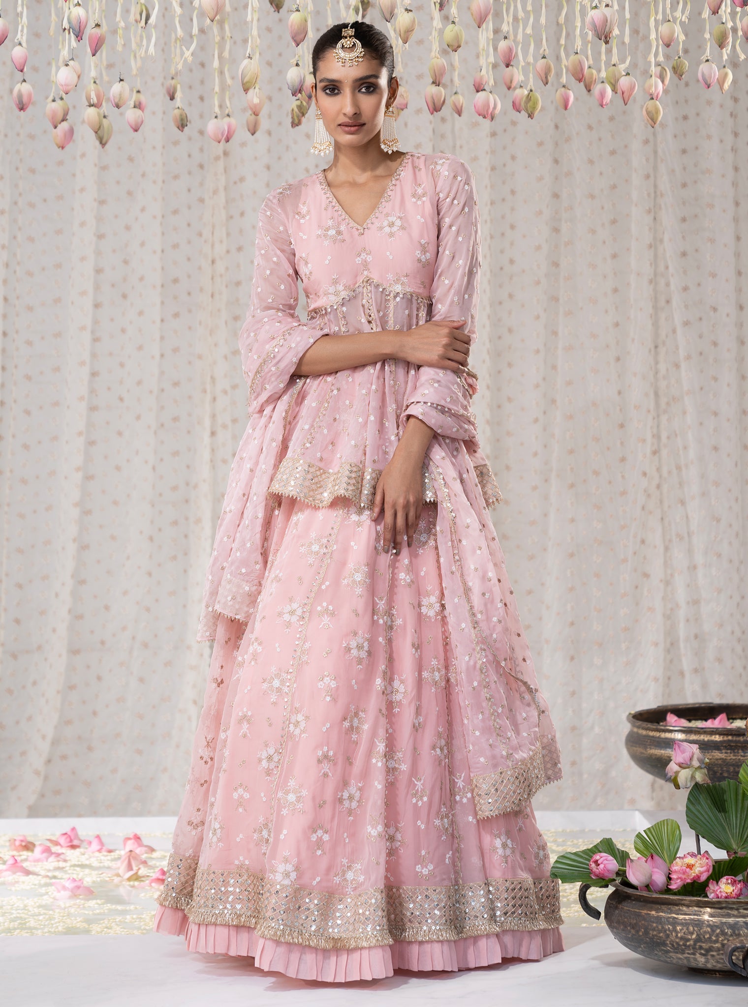 Rajnigandha Organza Short Anarkali Pink Kurta with Lehenga Set