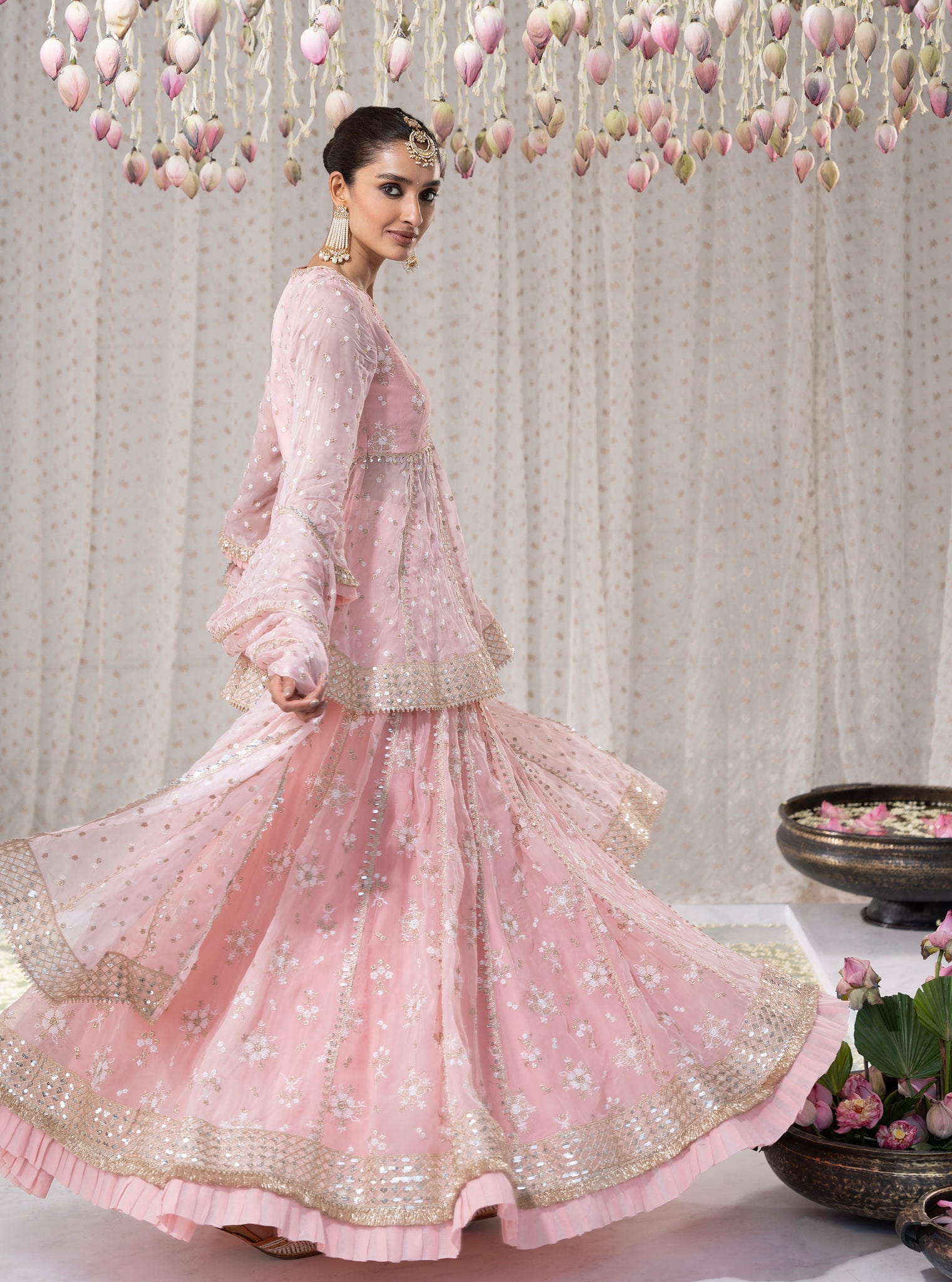 Rajnigandha Organza Short Anarkali Pink Kurta with Lehenga Set