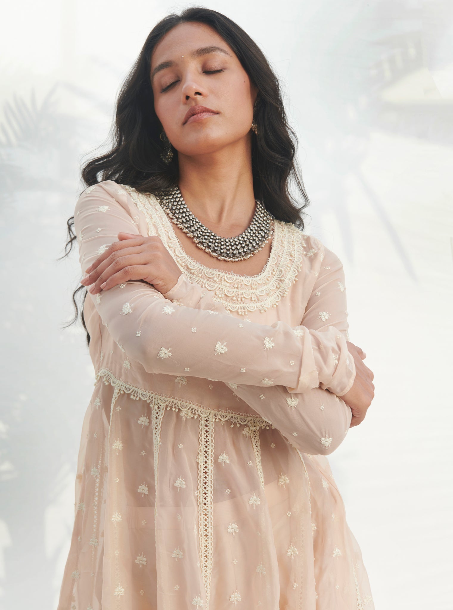 Raia Organza Beige Anarkali Kurta Set