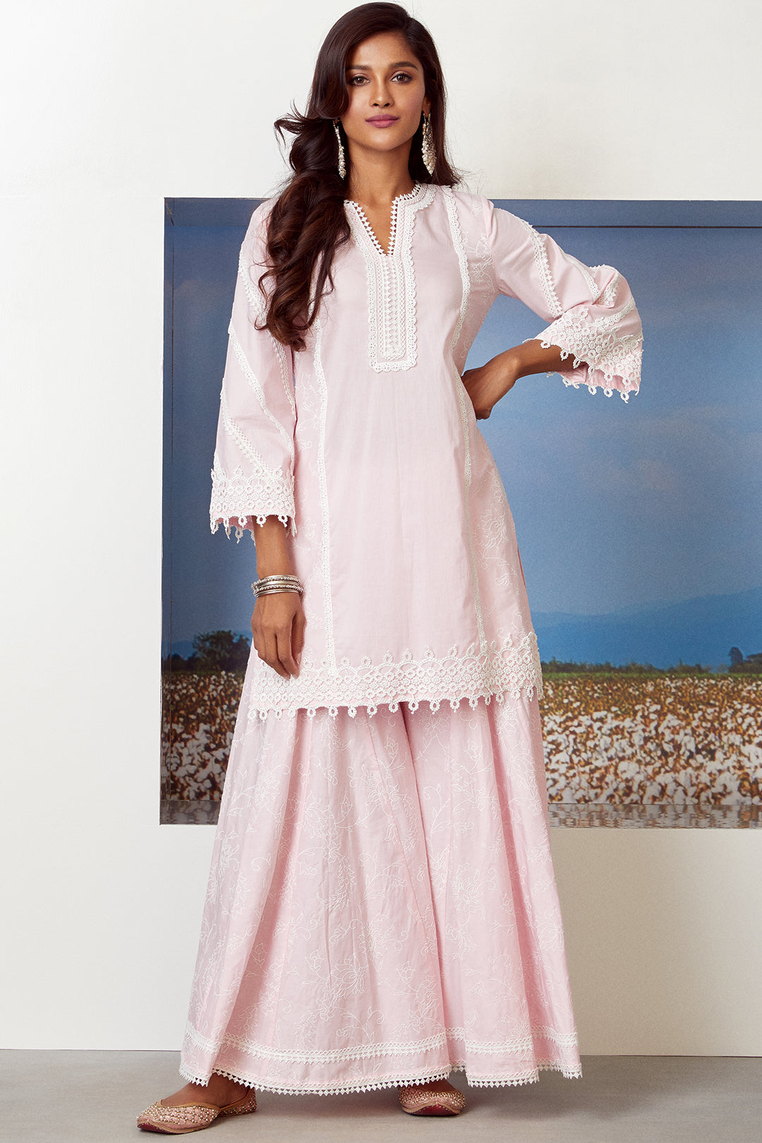 Reverie Supima Cotton Pink Kurta with Sharara Set