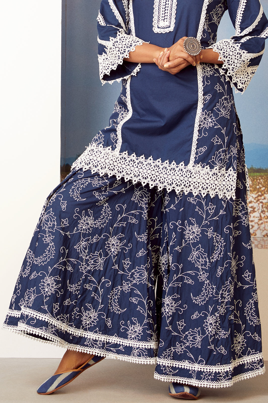 Reverie Supima Cotton Navy Kurta with Sharara Set