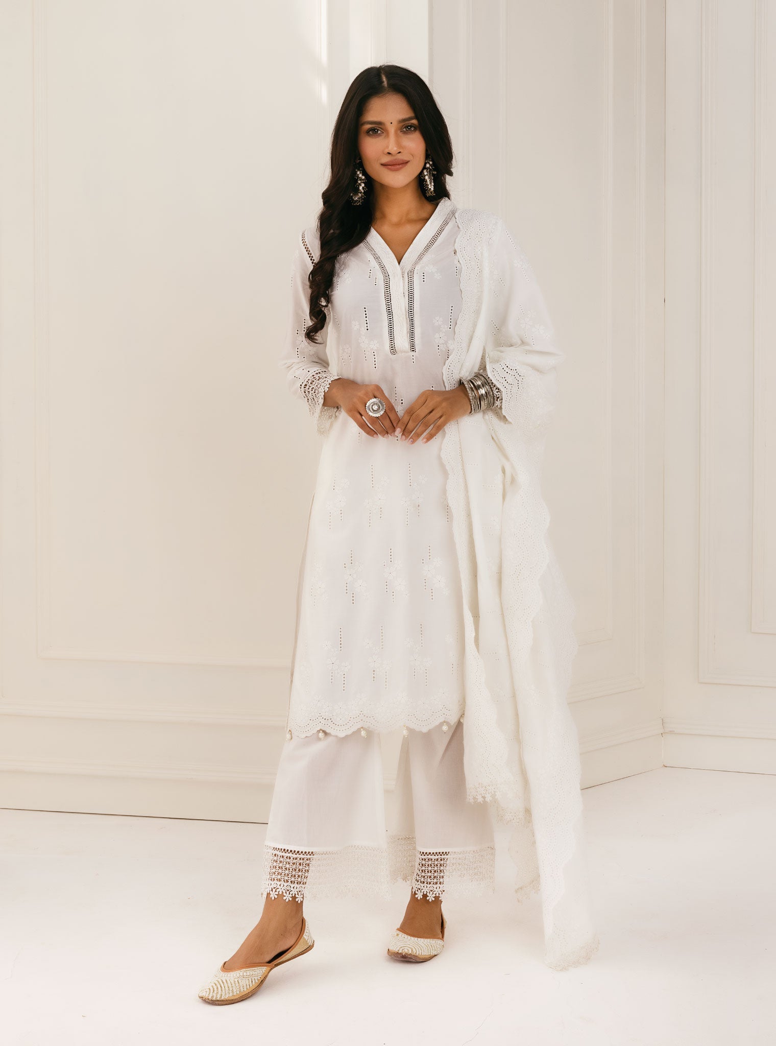 Riwa Supima Cotton White Kurta with Palazzo Set