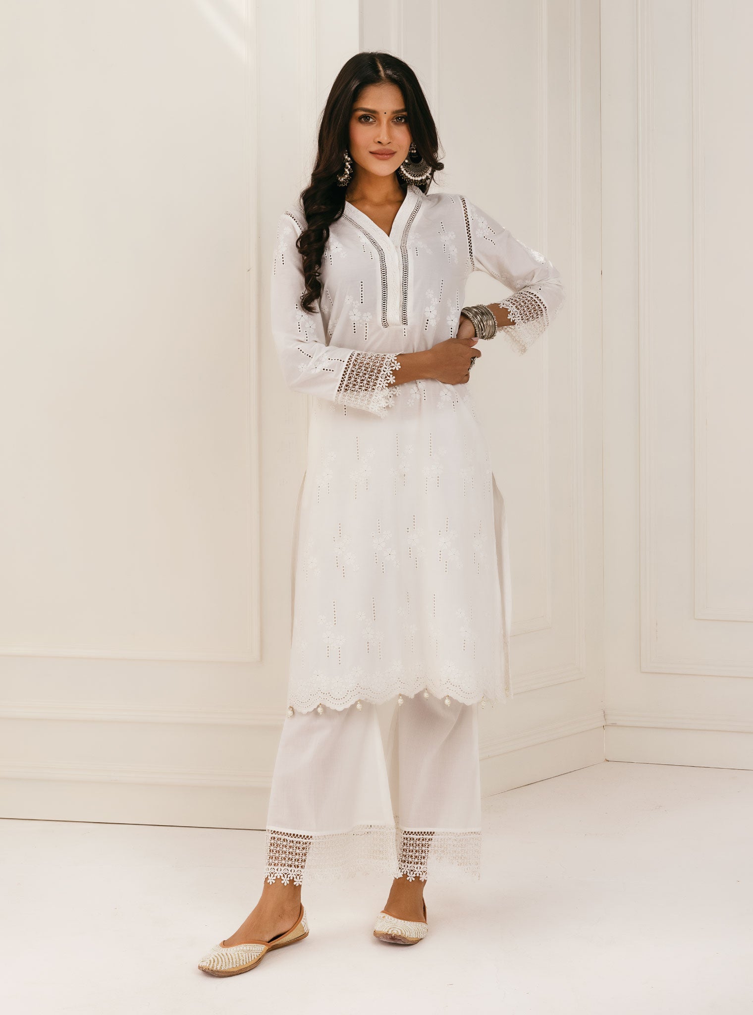 Riwa Supima Cotton White Kurta with Palazzo Set